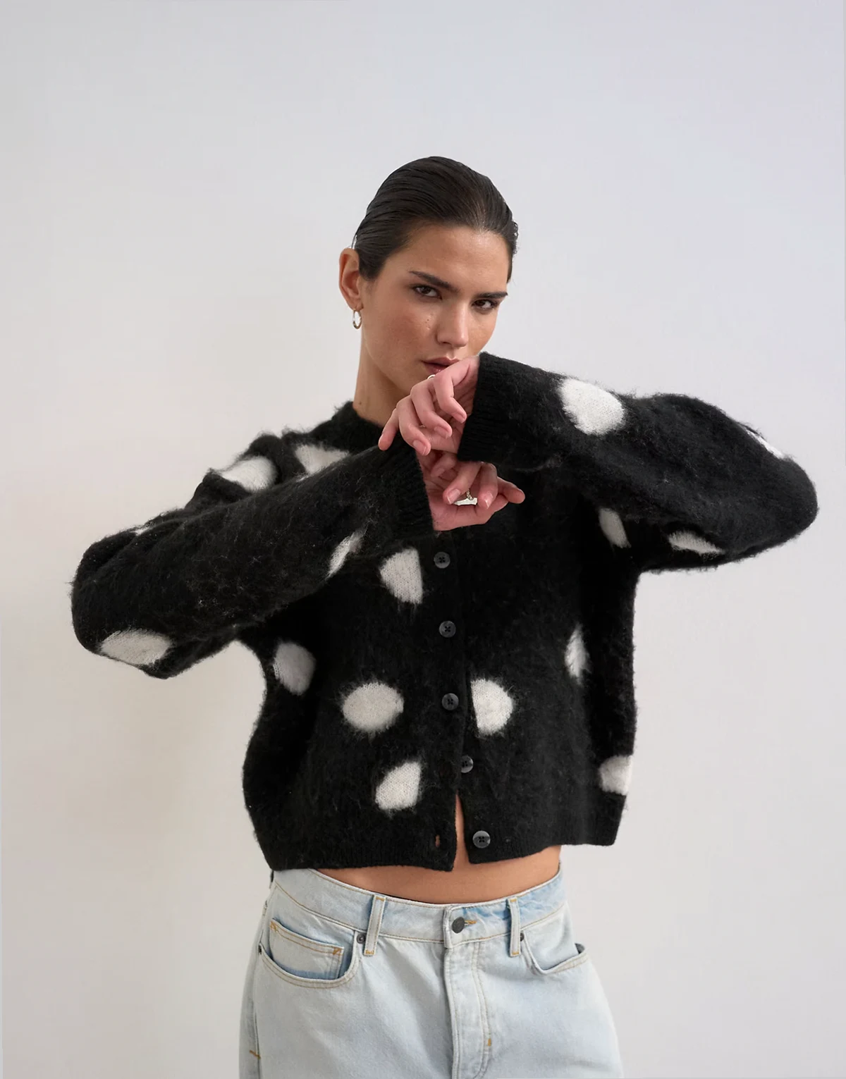 brushed knit polka-dot cardigan in black and white