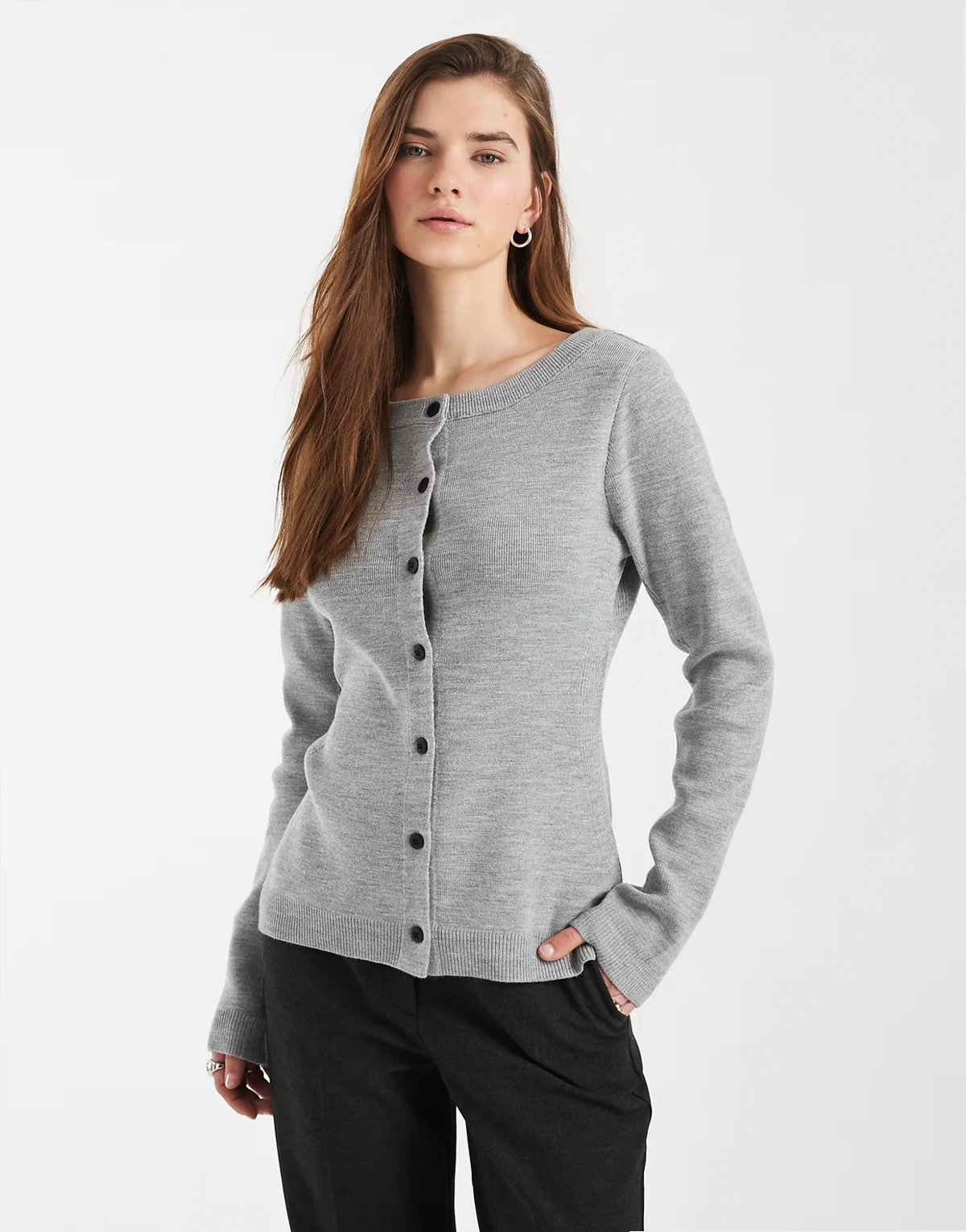 knit cinch boat neck cardigan in gray