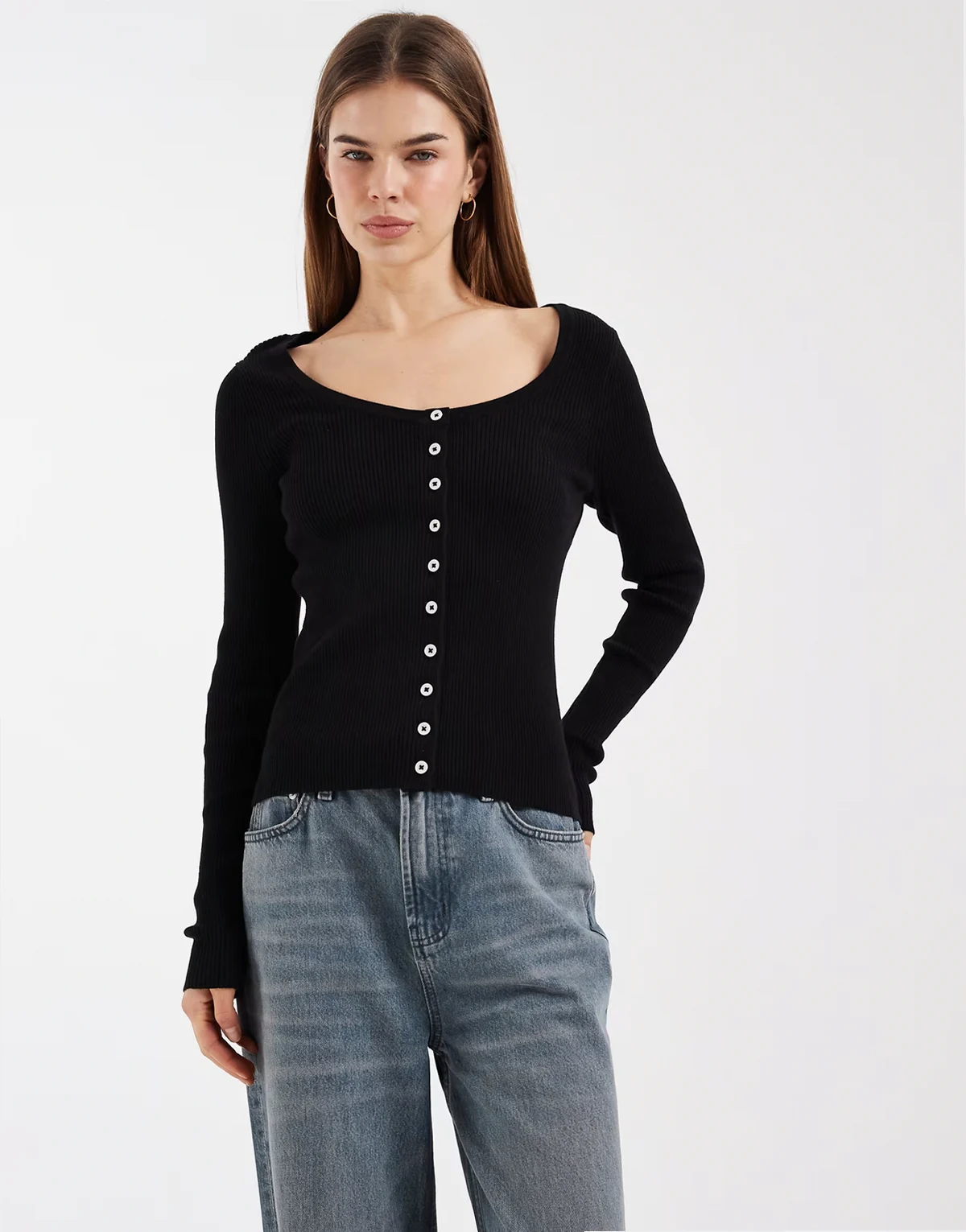cotton blend wide scoop cardigan with contrast buttons in black