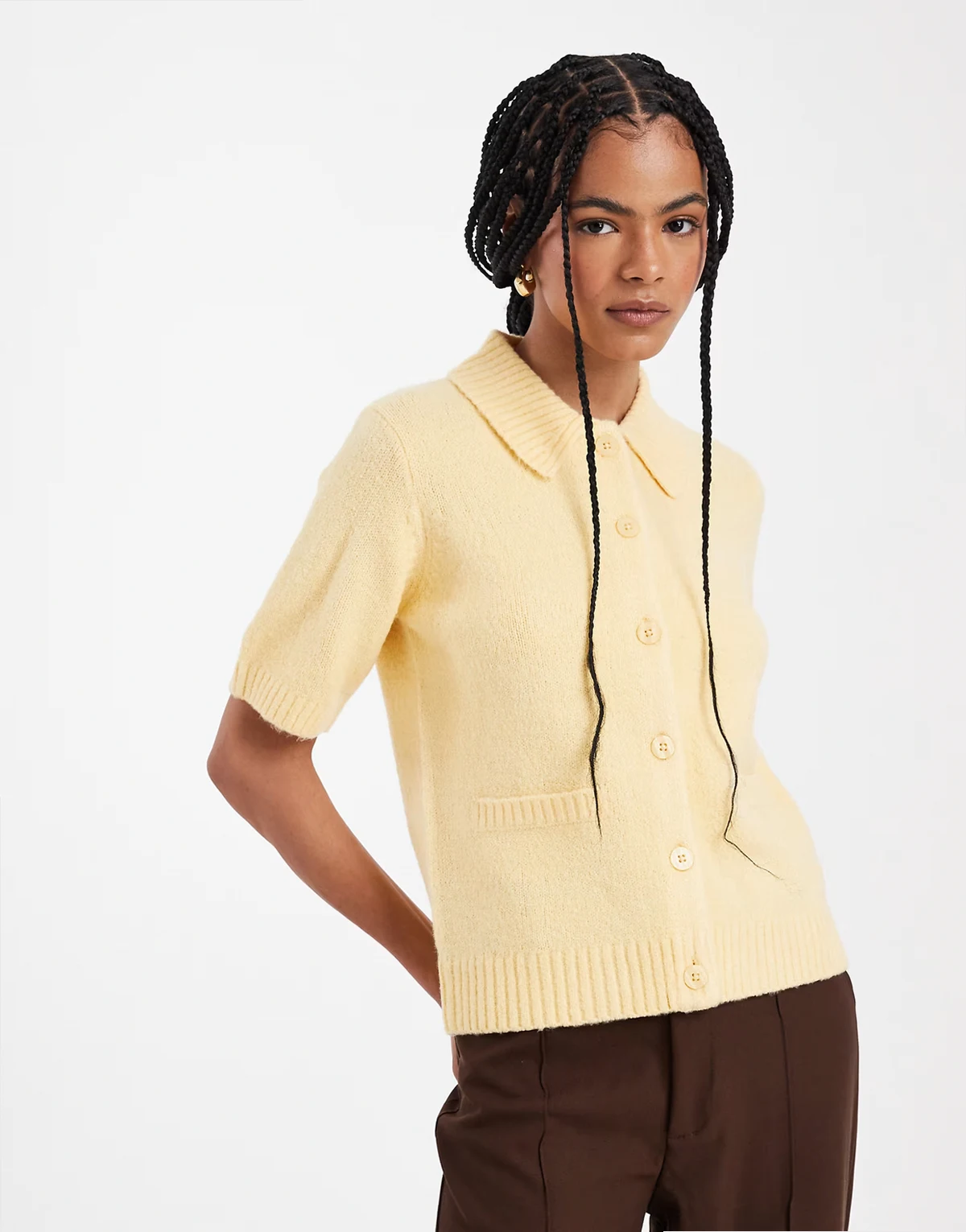 short sleeve cardigan with collar in lemon yellow