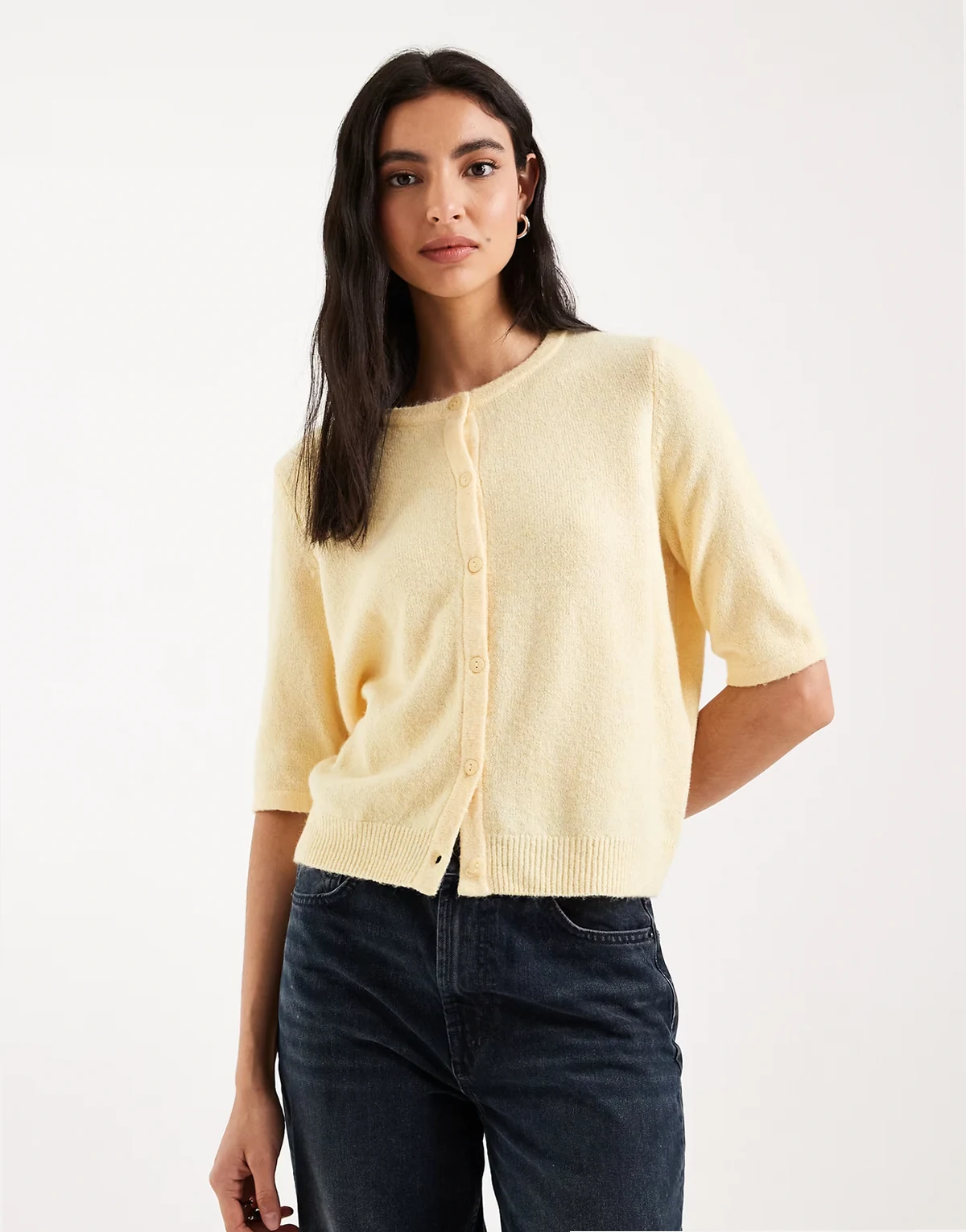 round neck knit short sleeve cardigan in golden yellow