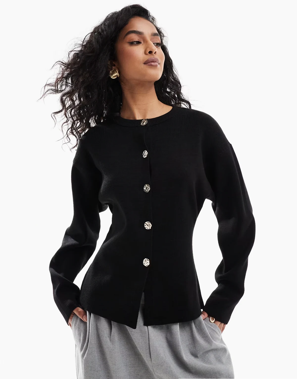 knitted structured crew neck cardigan with gold buttons in black
