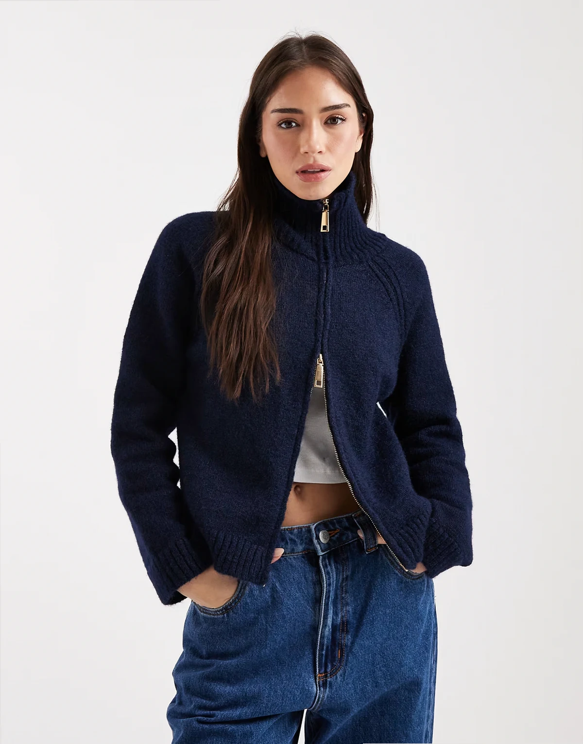chunky wool blend double zip up sweater in navy