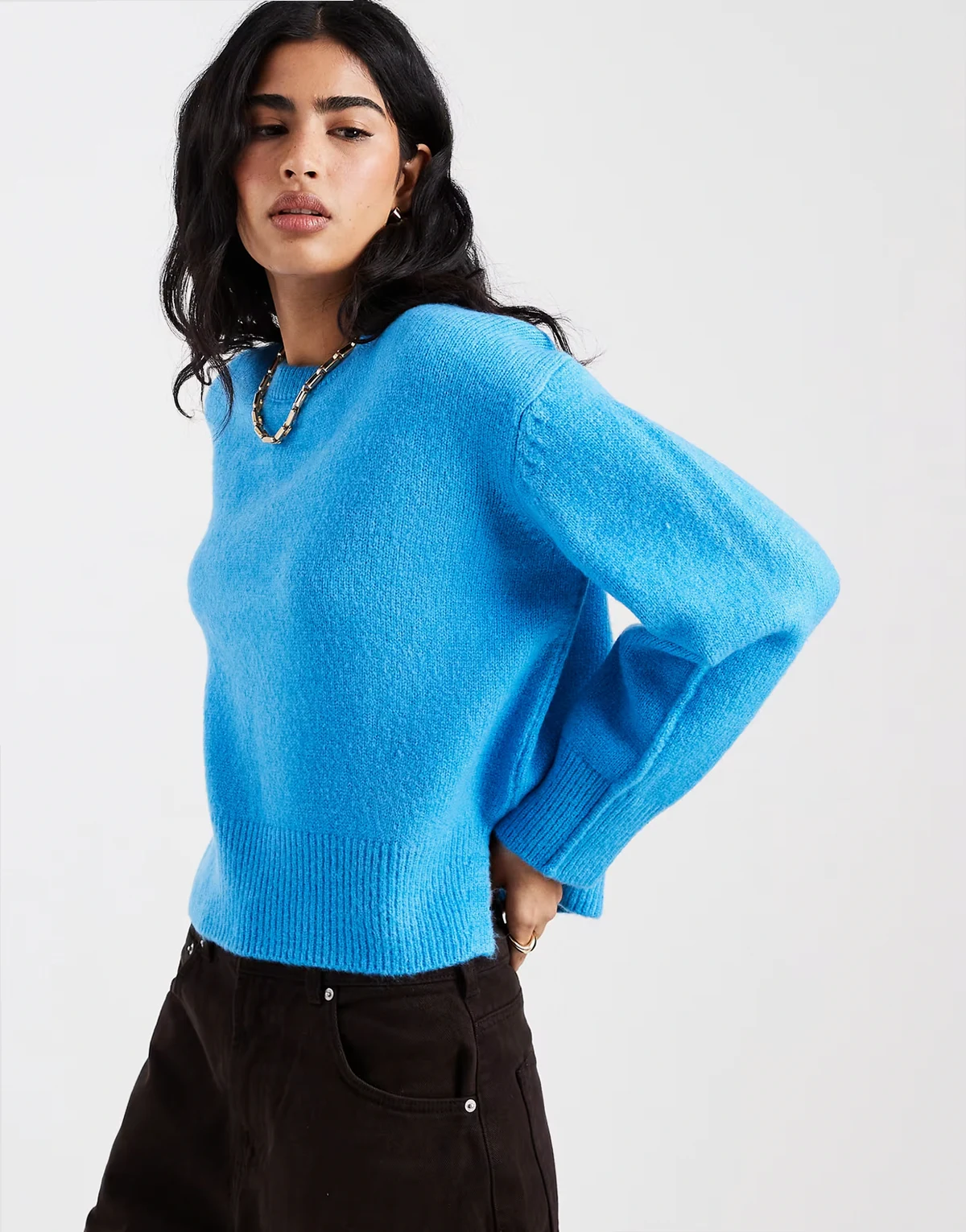 boxy crew neck sweater with side split detail in bright blue