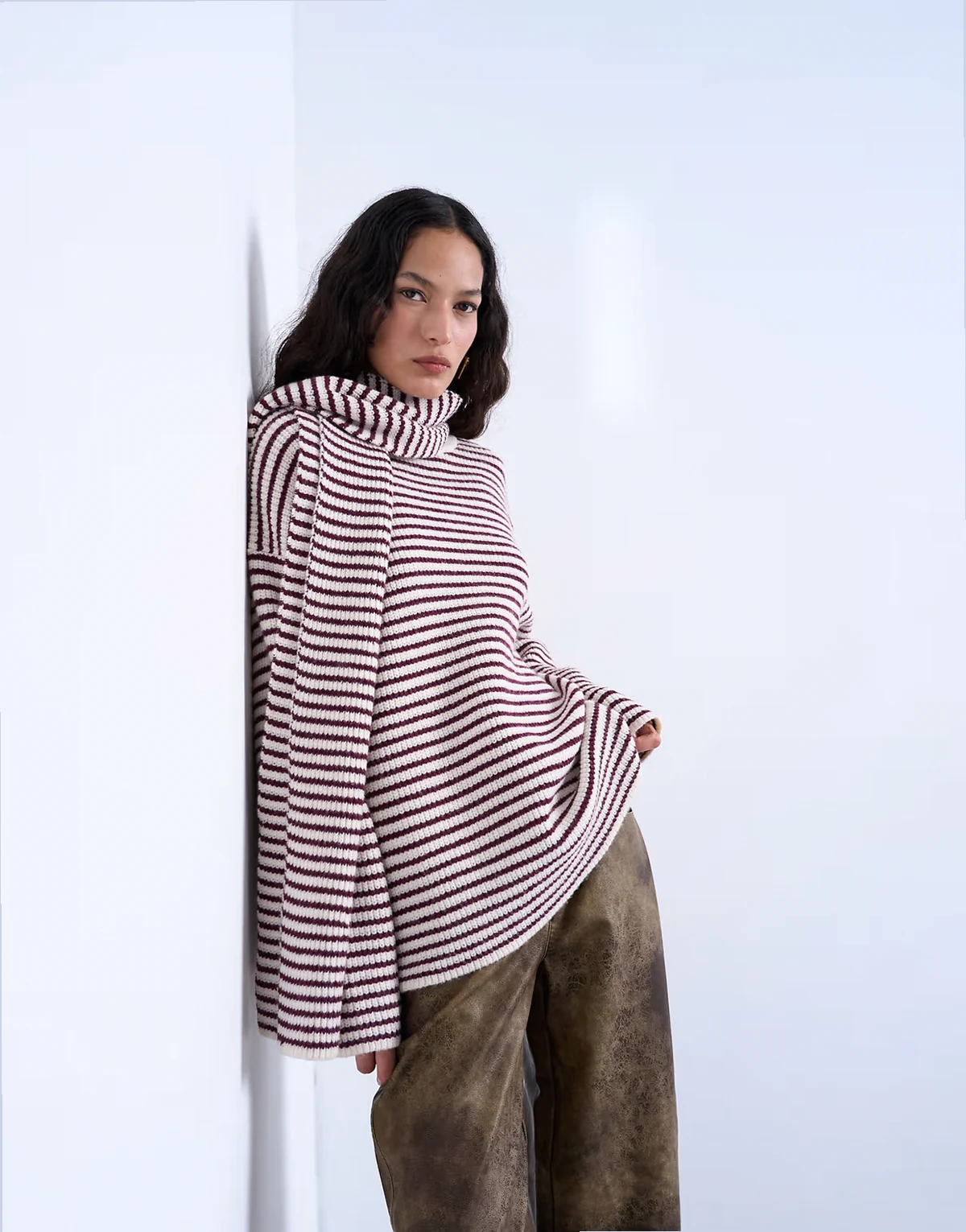 knit stripe oversized sweater with scarf in plum