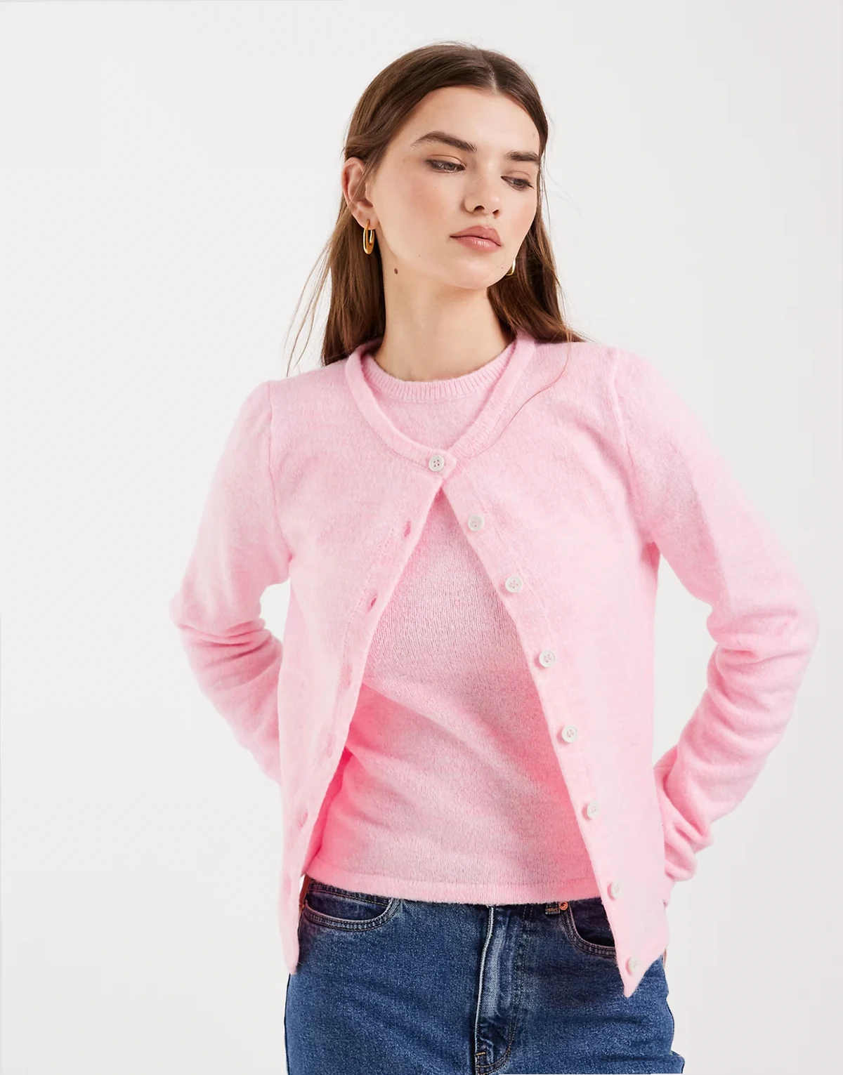 knit shrunken cardigan in pink - part of a set
