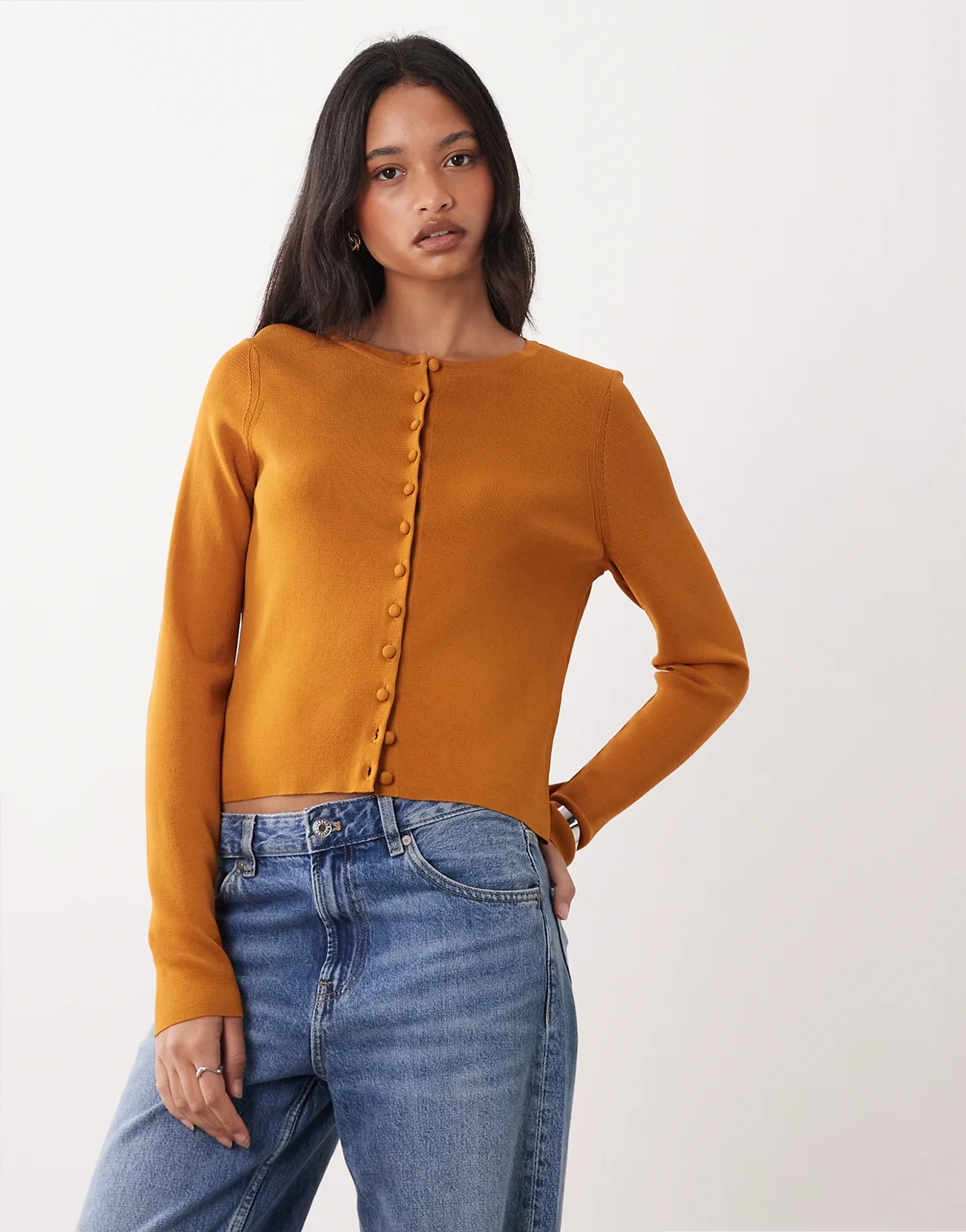 compact crew neck cardigan with self covered buttons in toffee