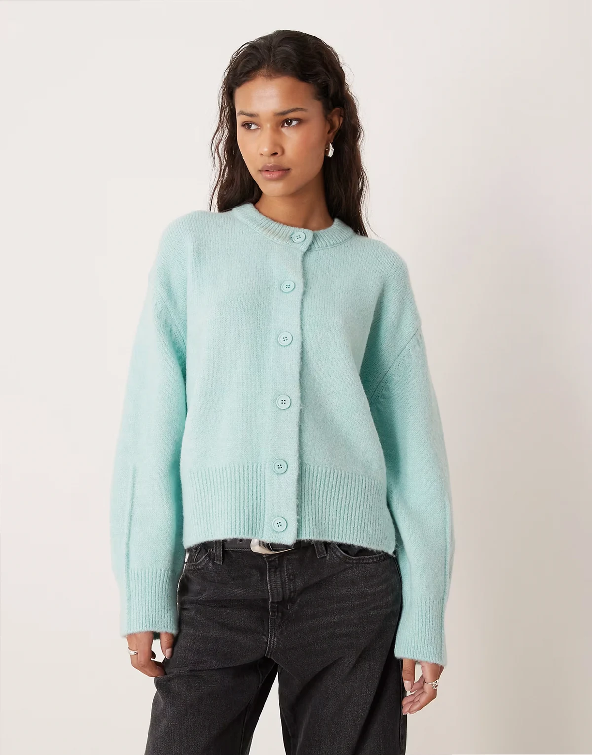 boxy crew neck cardigan with side split detail in duck egg blue