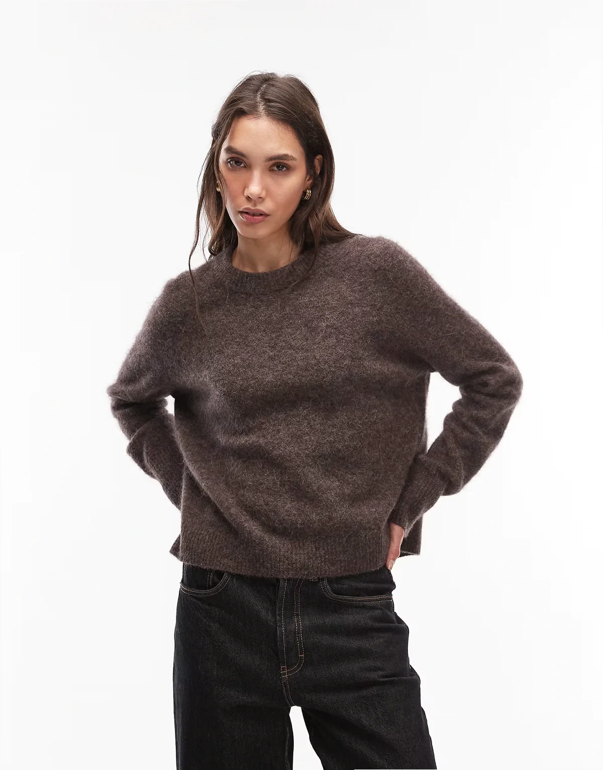 alpaca wool blend crew neck sweater in chocolate brown