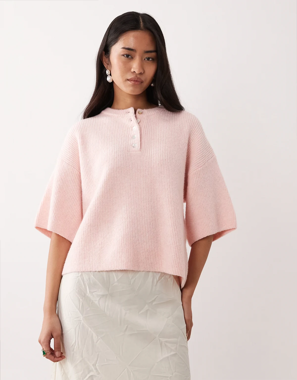 fluffy knit button detail top in pink