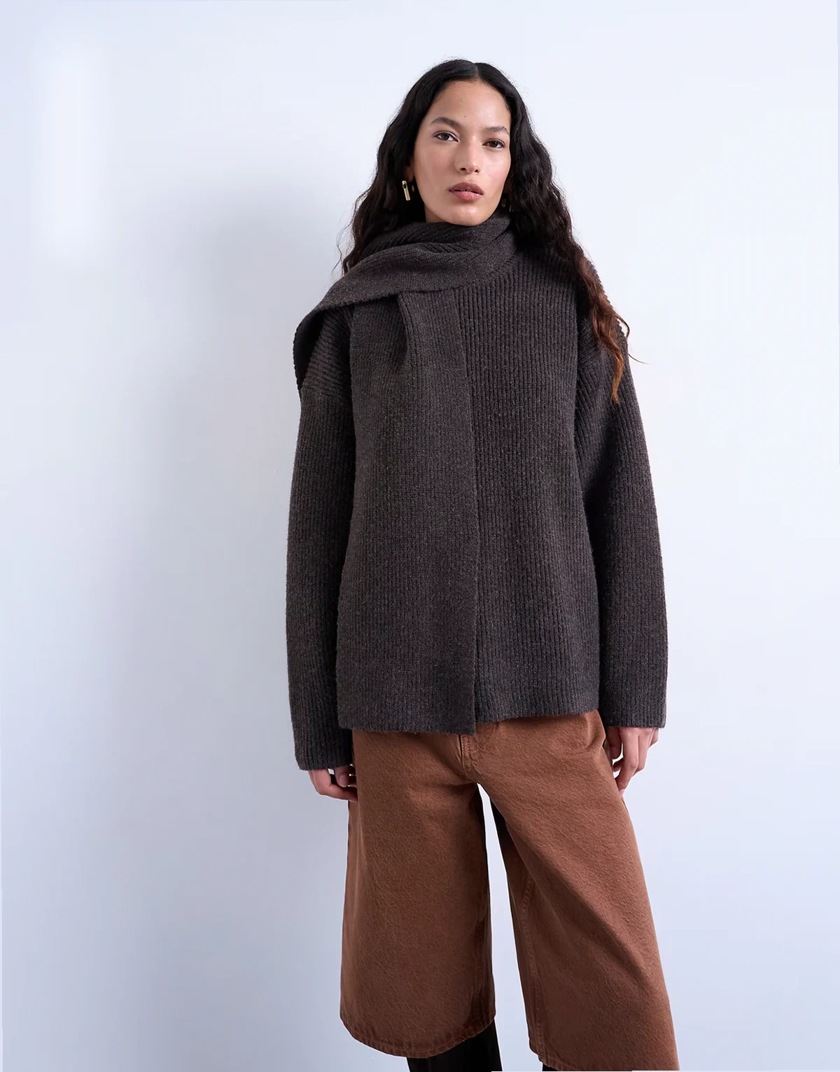knit oversized sweater with scarf in chocolate