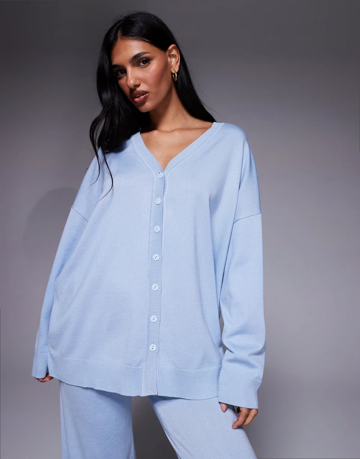 exclusive v-front button up knit relaxed longline cardigan in soft blue - part of a set