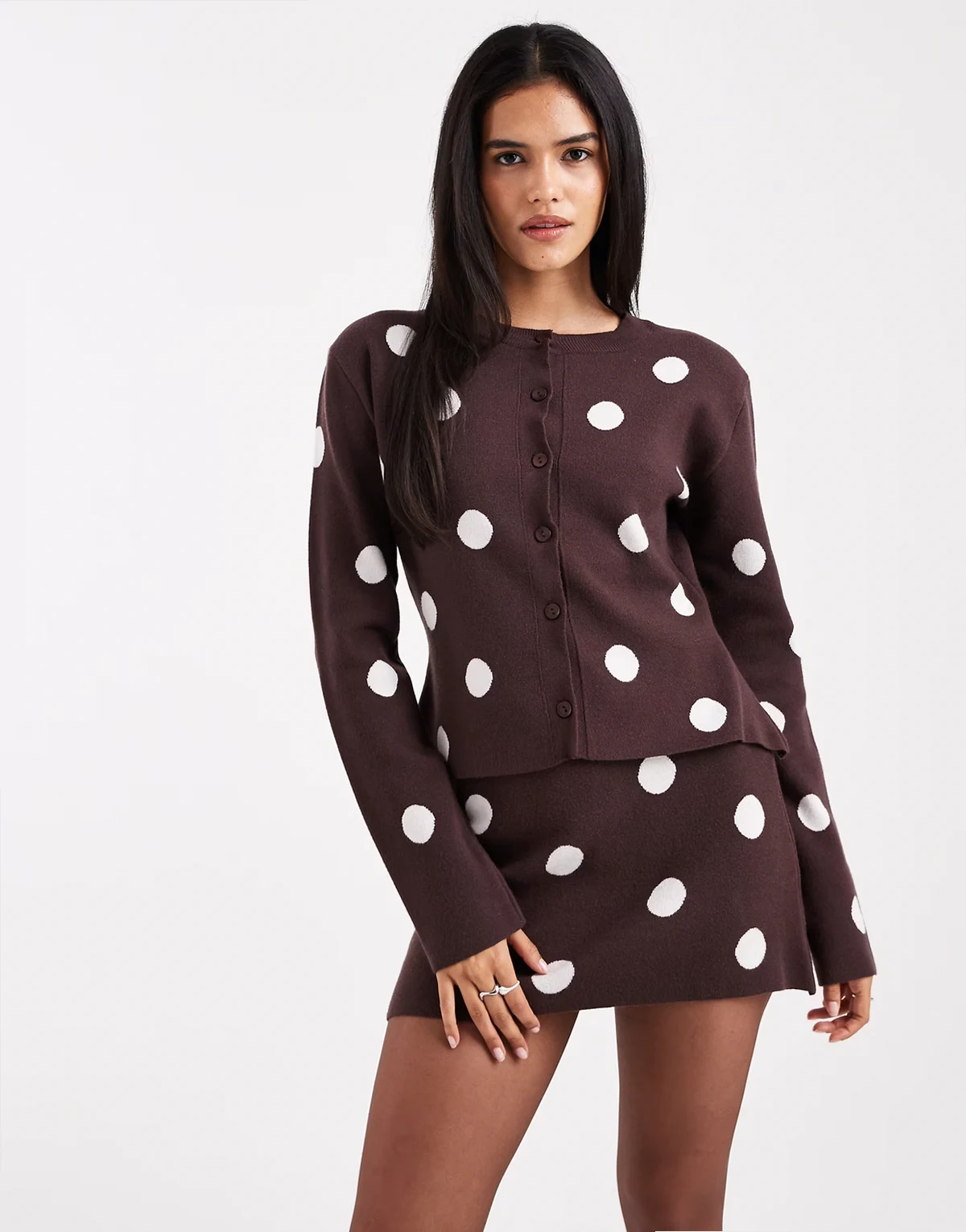 fine knit compact cardigan in brown polka dots - part of a set
