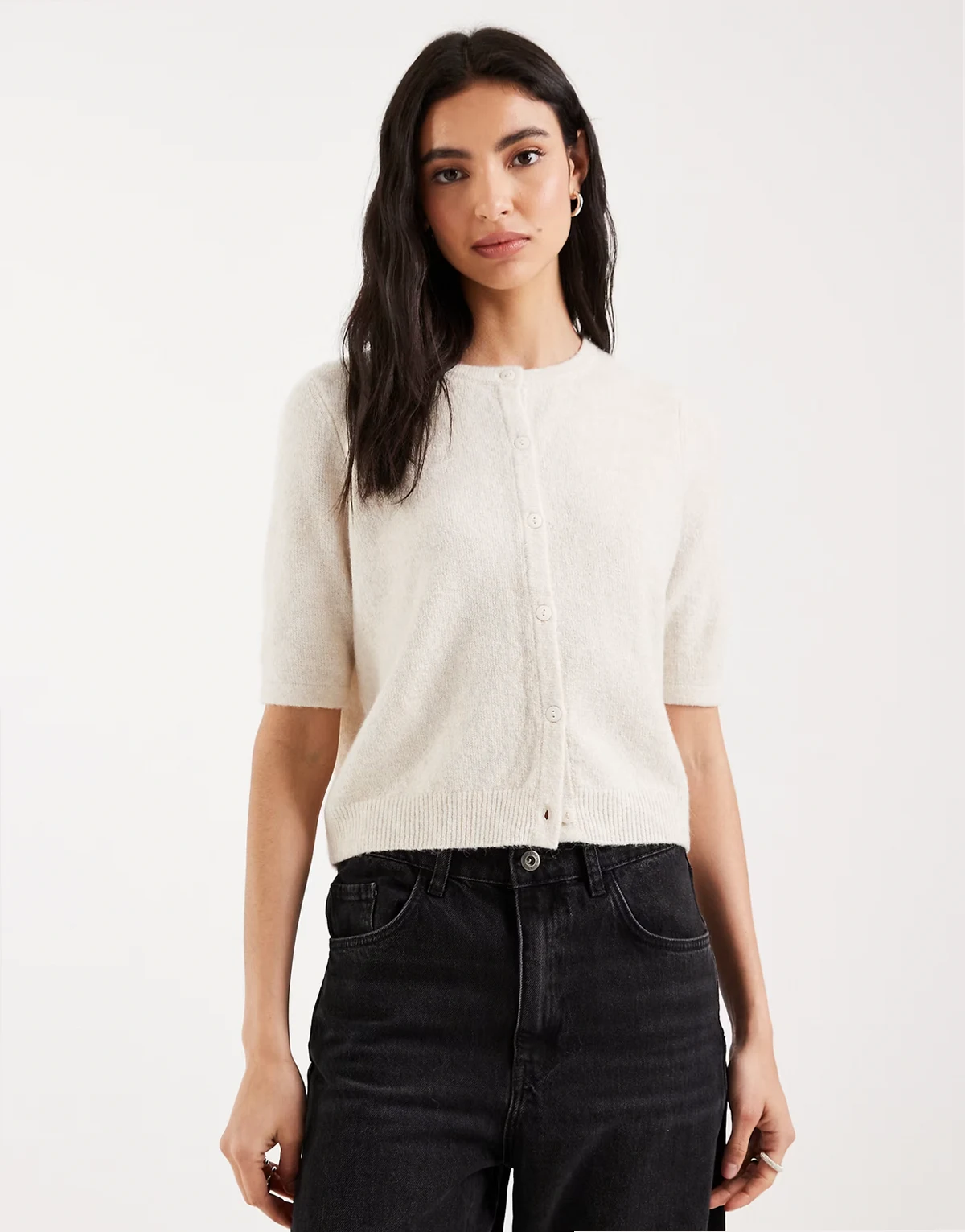 round neck knit short sleeve cardigan in cream