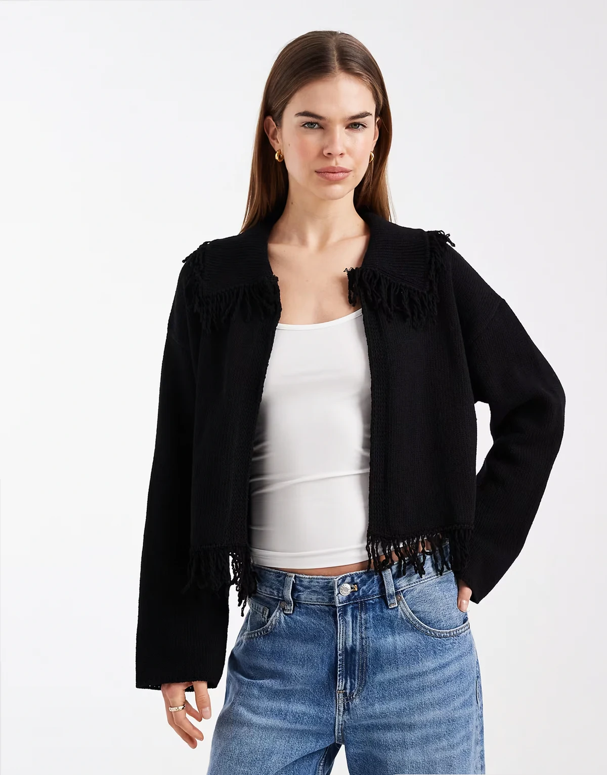 knit fringe cardigan in black