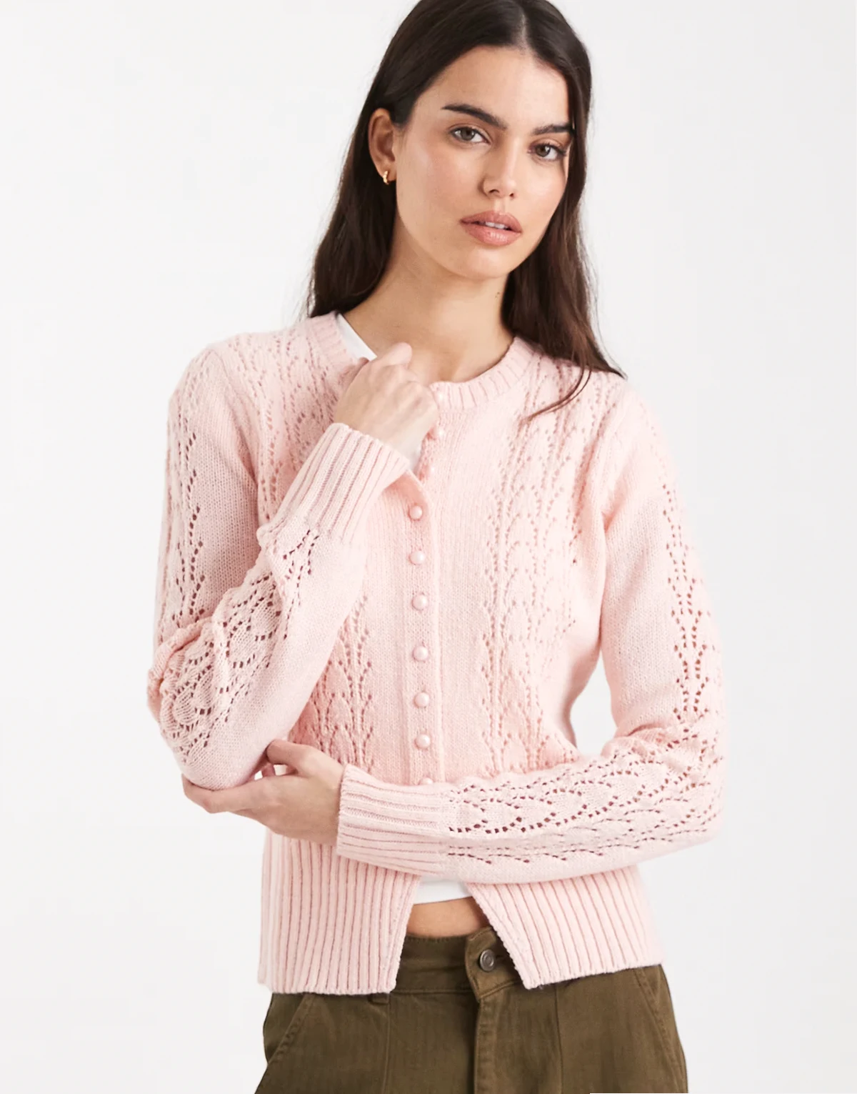 crew neck pointelle cardigan in pink