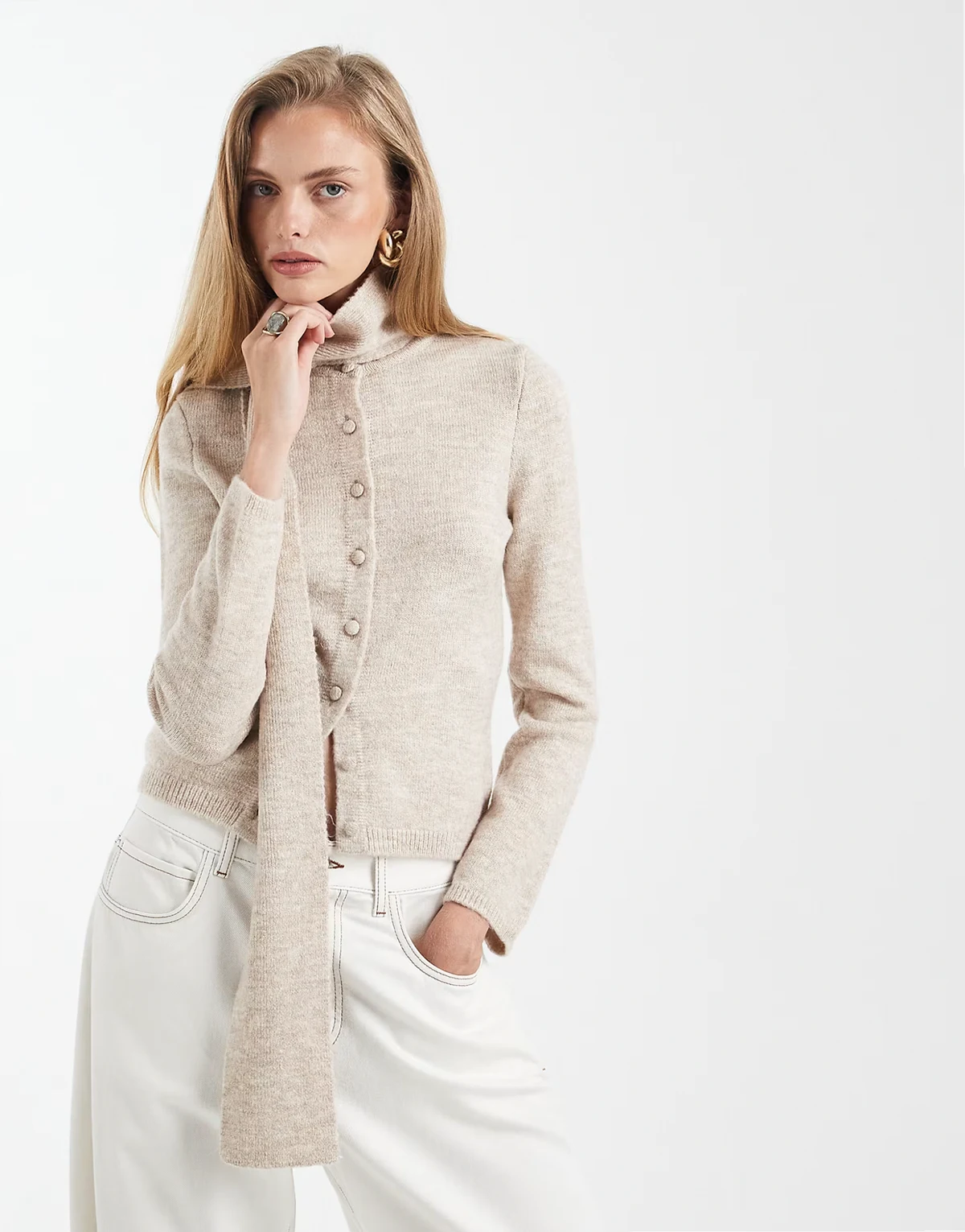 knit scarf detail cardigan in oatmeal