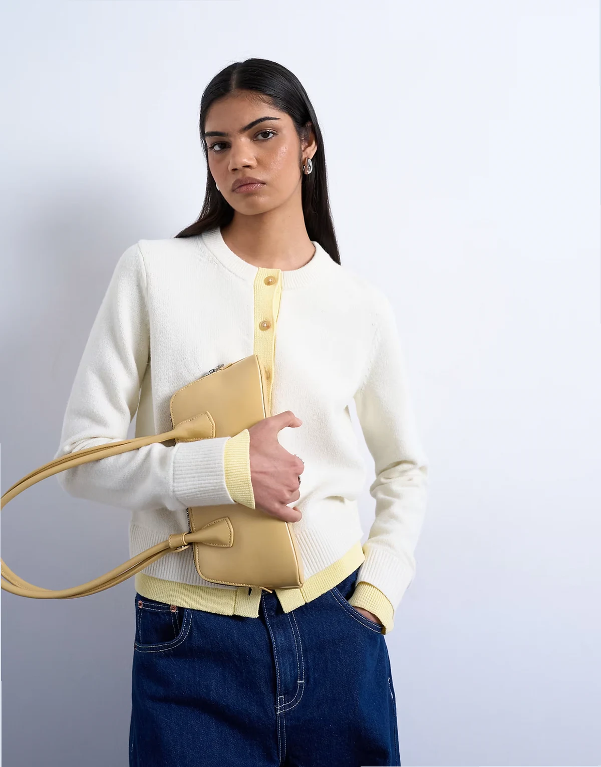 knit double layer cardigan in ivory and yellow