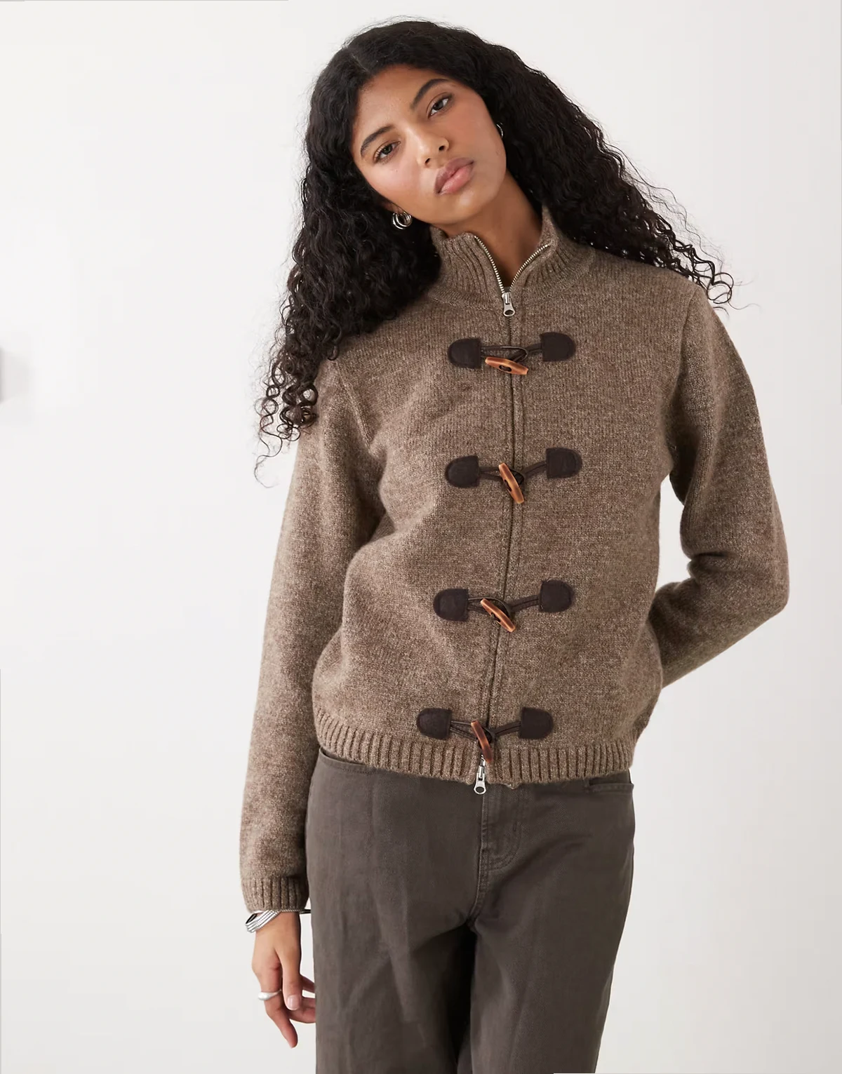 knit zip up with high neck and toggles in brown