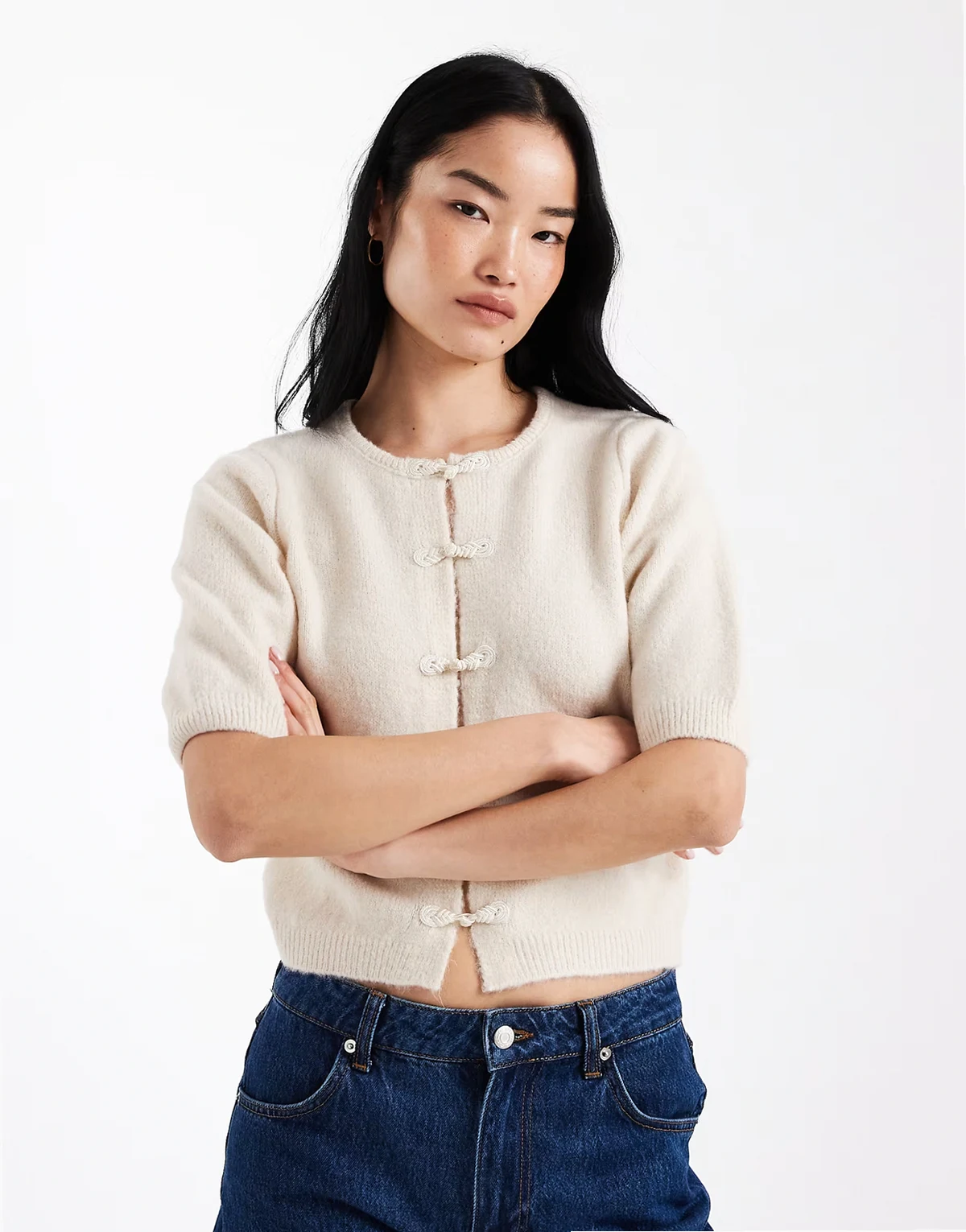 fluffy knit cardigan with frog closures in ecru