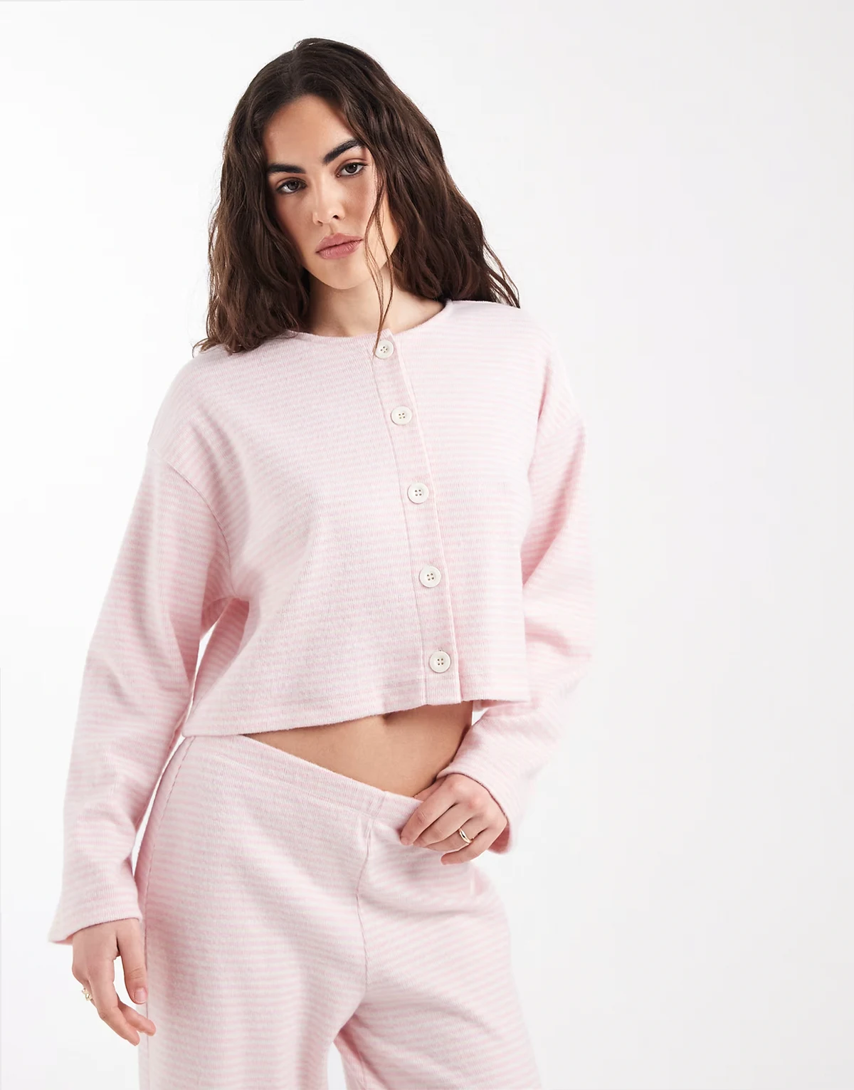 striped rib knit cardigan in pink - part of a set