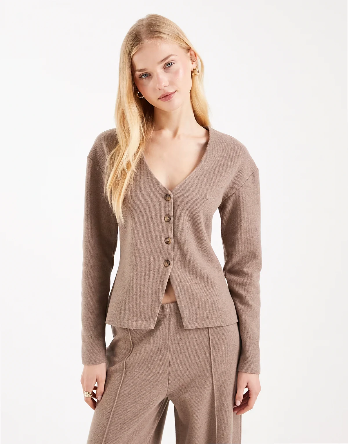 v-neck button up cardigan in brown - part of a set
