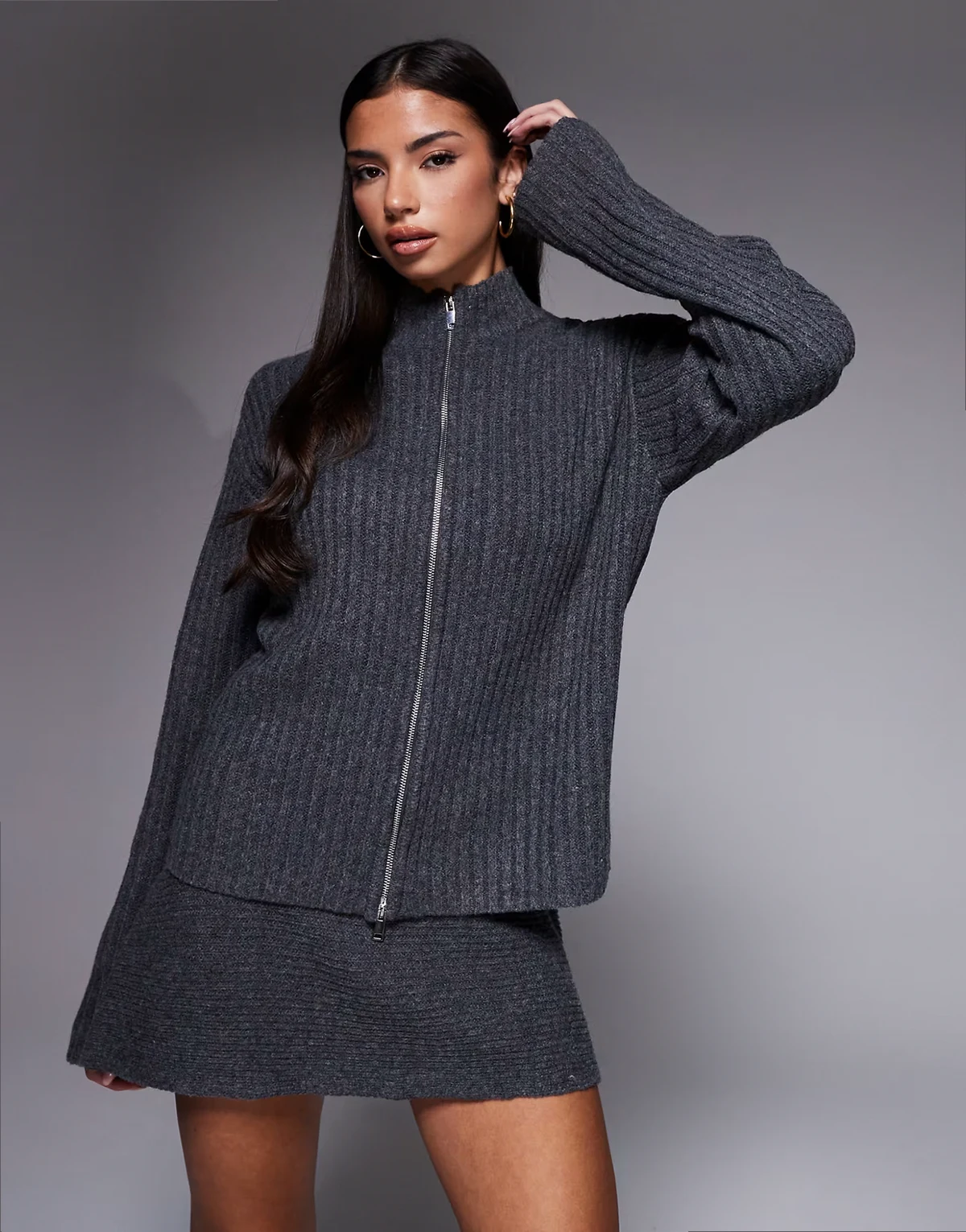 Exclusive ribbed knit zip through funnel neck cardigan in charcoal - part of a set