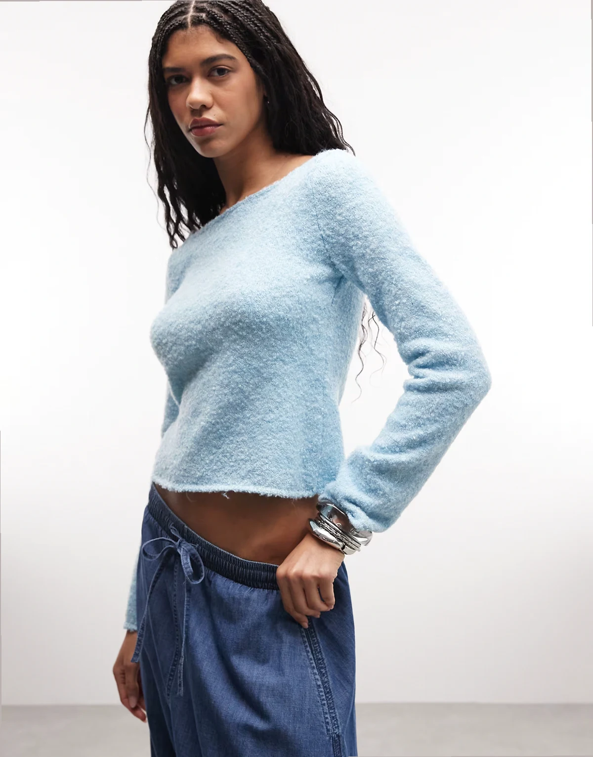 bouclé textured slash neck knit top in blue