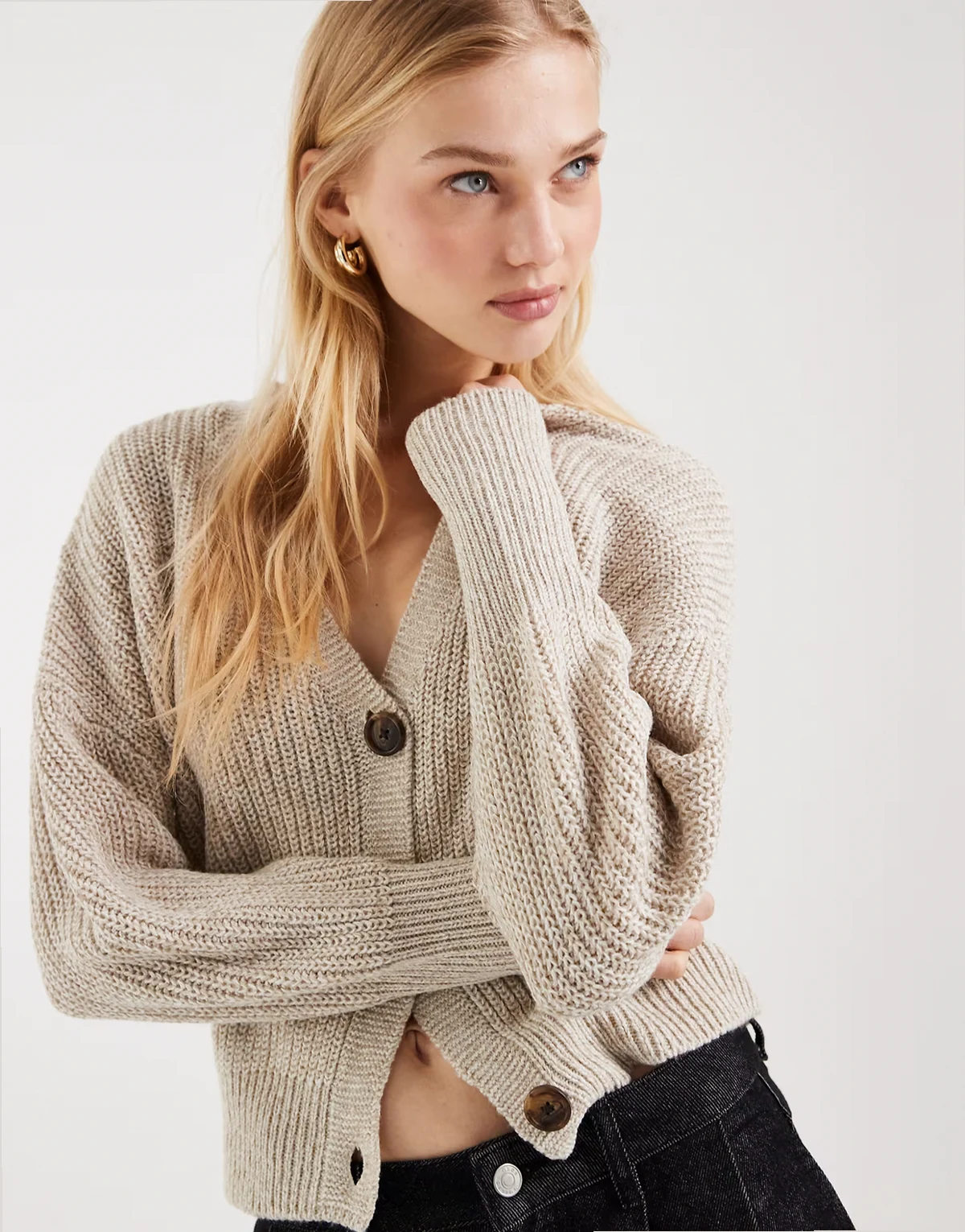 button up chunky rib knit cardigan in heathered moonrock