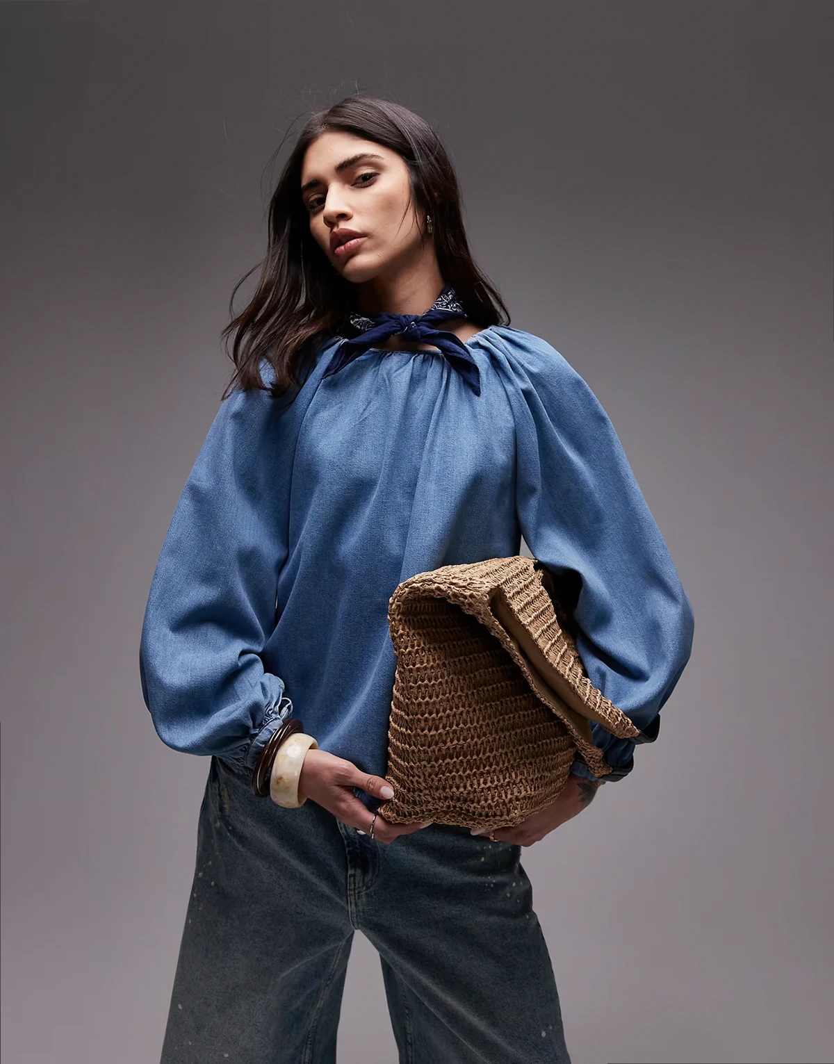 denim puff sleeve top with bow tie in mid blue
