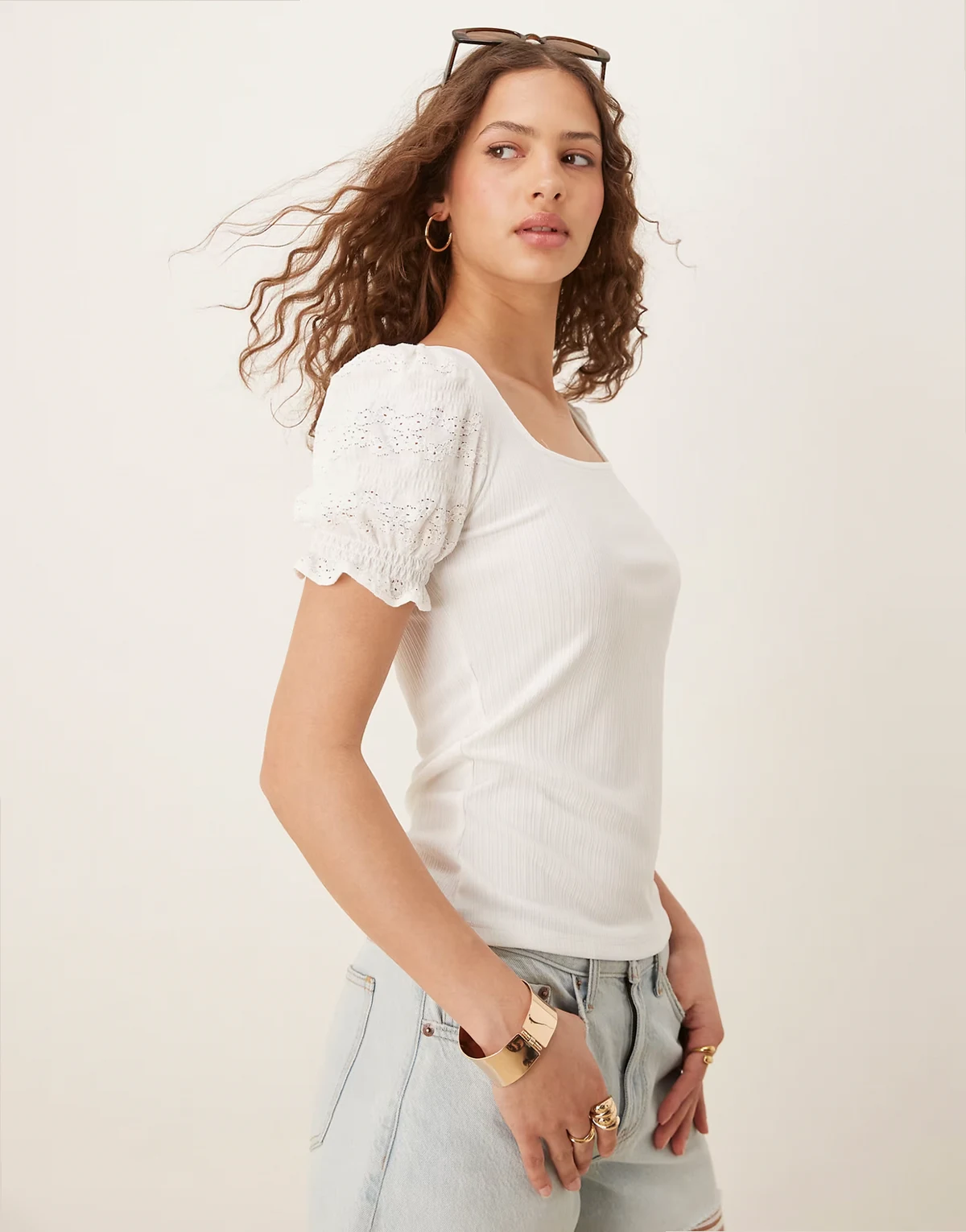 square neck textured puff sleeve top in white