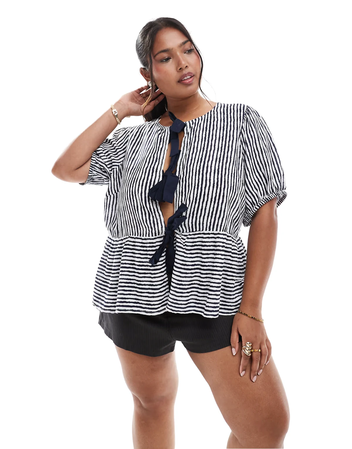 Pieces Curve tie front short sleeve peplum hem top in navy and white stripe
