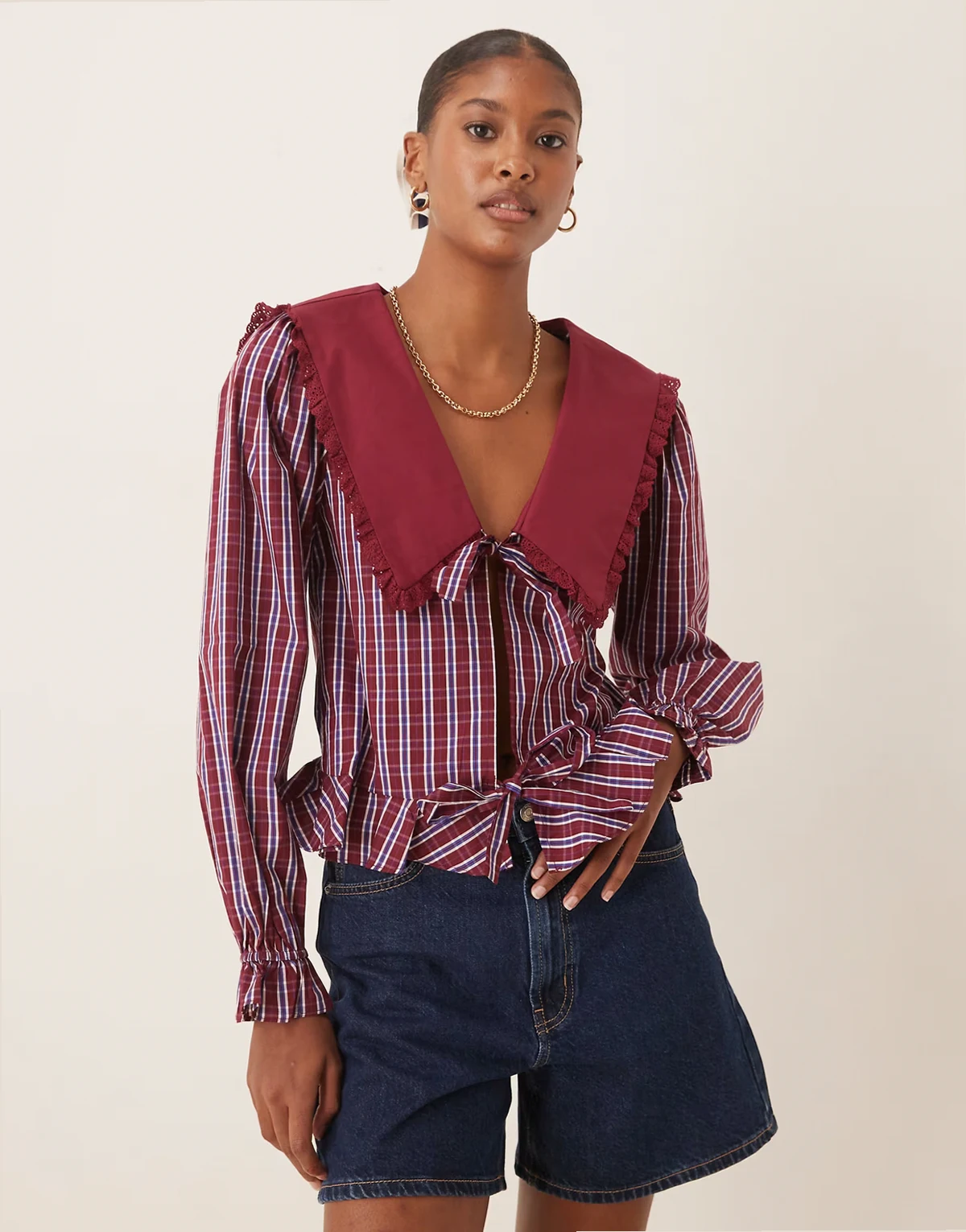 tie front exaggerated collar blouse in burgundy navy plaid