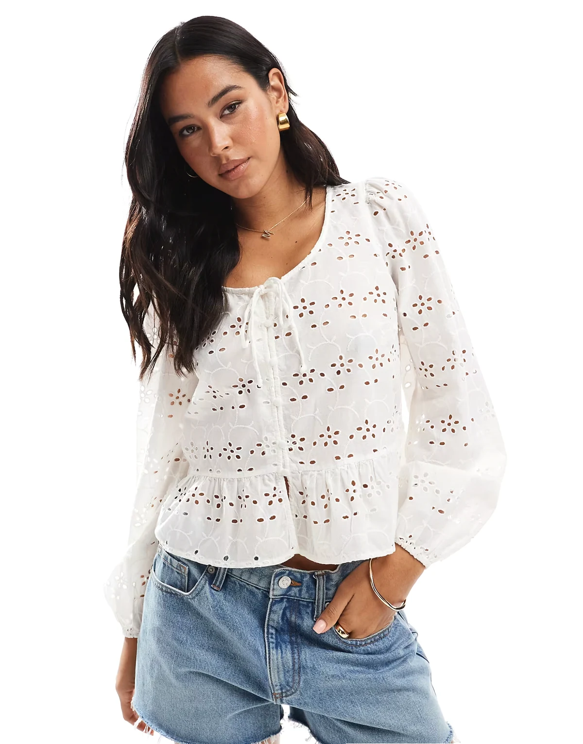 tie front long sleeve blouse in white