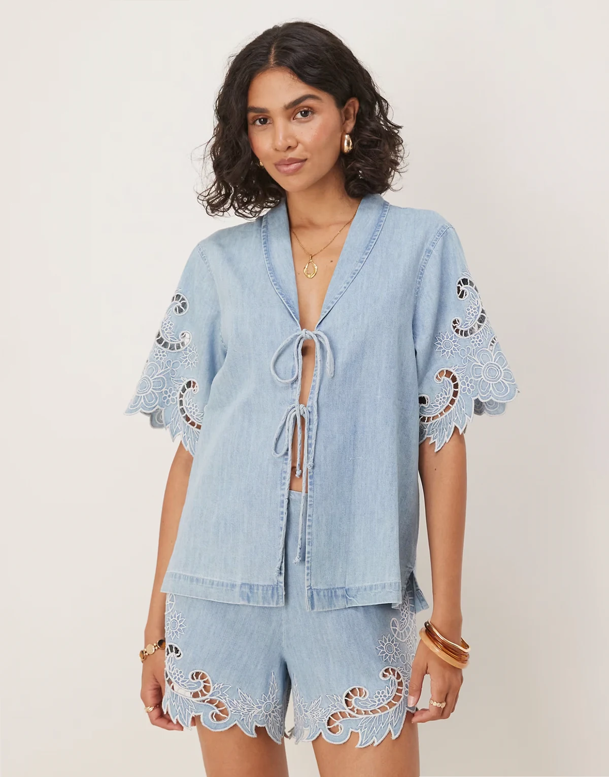 soft denim crochet top in midwash blue - part of a set