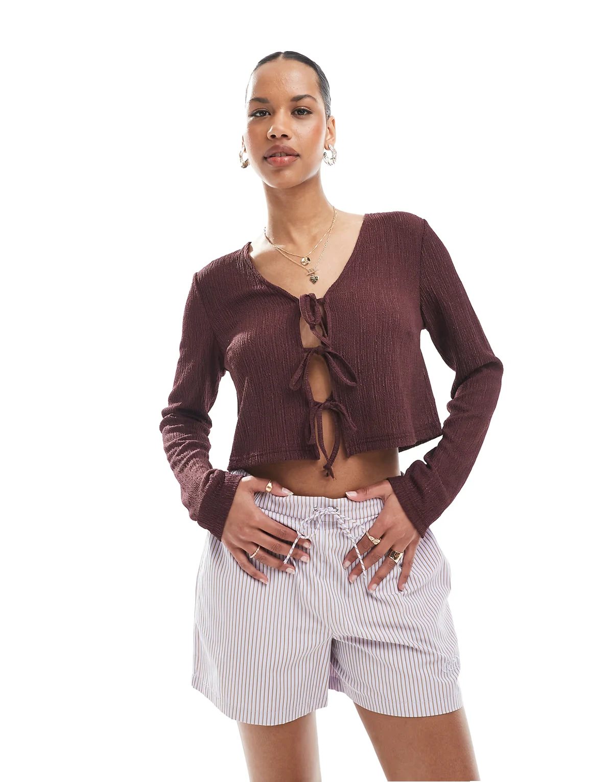 tie front textured top in burgundy