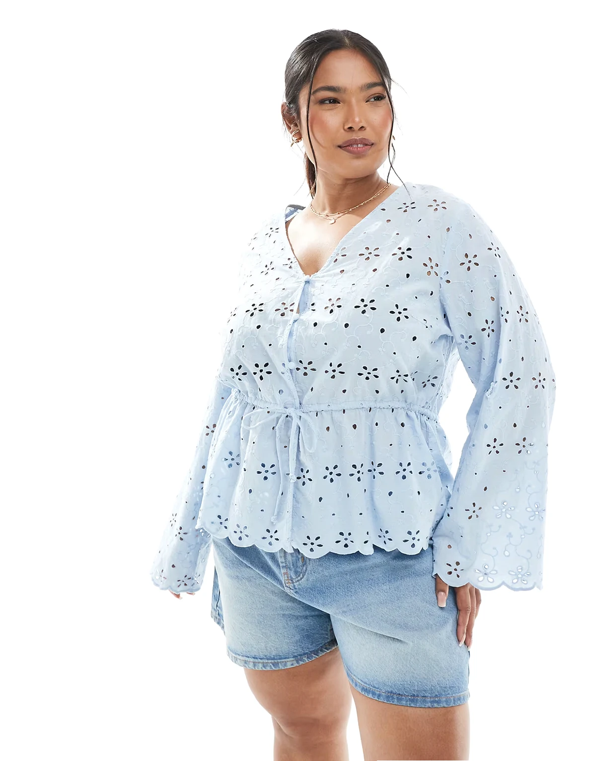 Pieces Curve button front tie waist eyelet top in blue