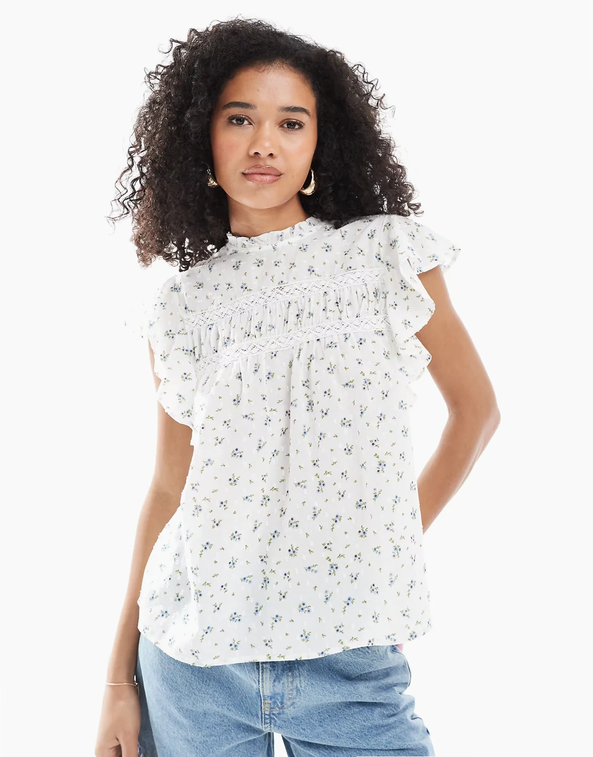 high neck flutter sleeve embroidered top in micro floral