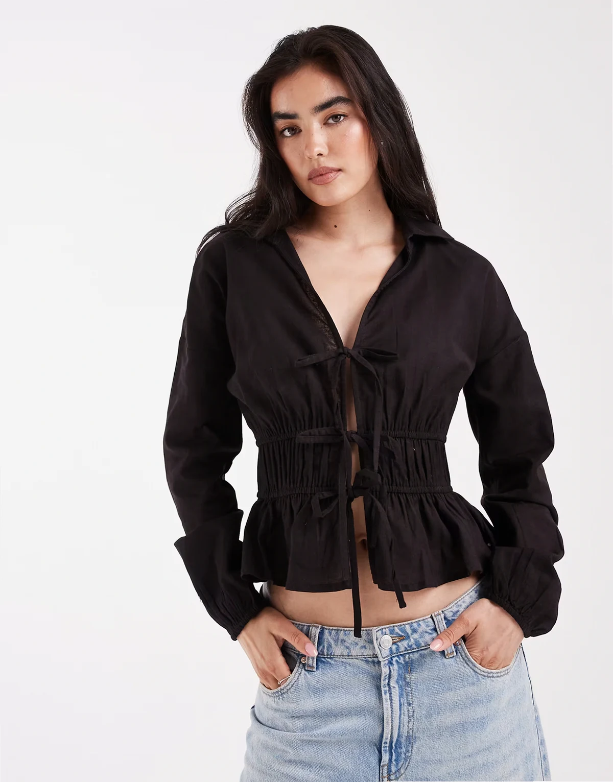 double tie front blouse in black