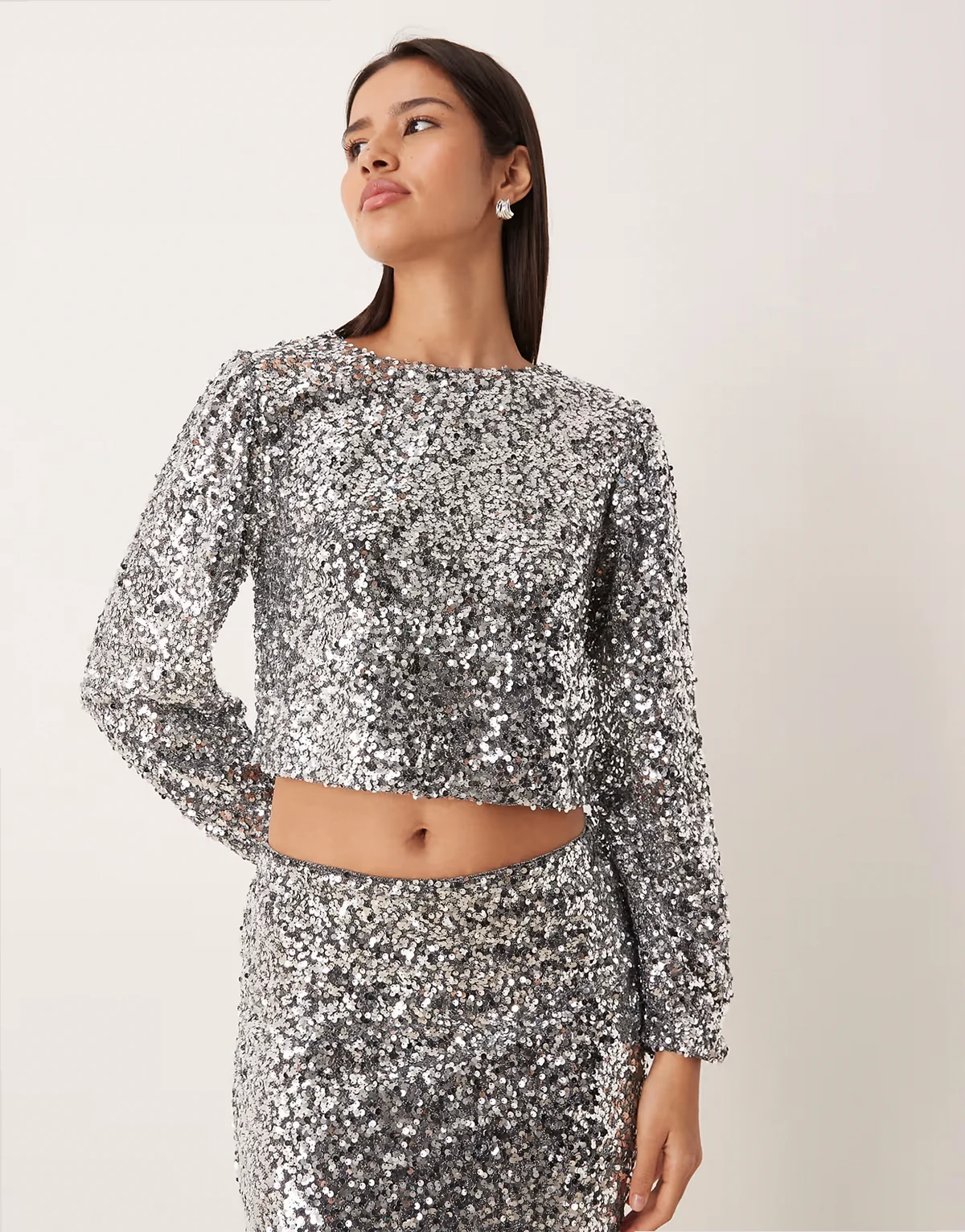 long sleeve sequined top in silver - part of a set