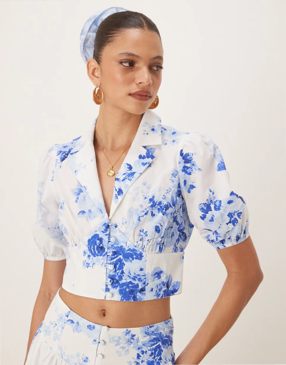 Madalena crop blouse in blue and white - part of a set