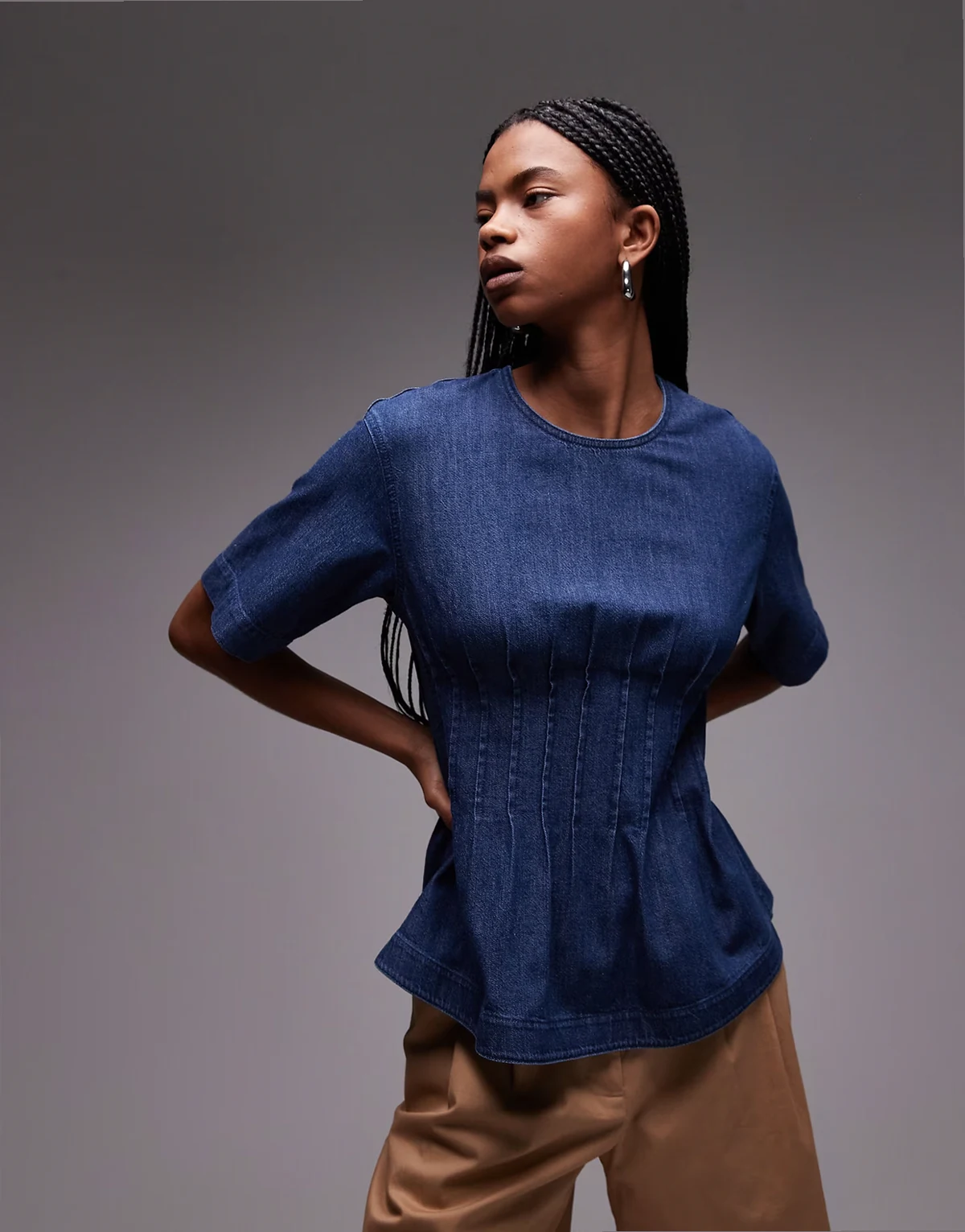 lightweight denim blouse with pleated bodice in mid wash blue
