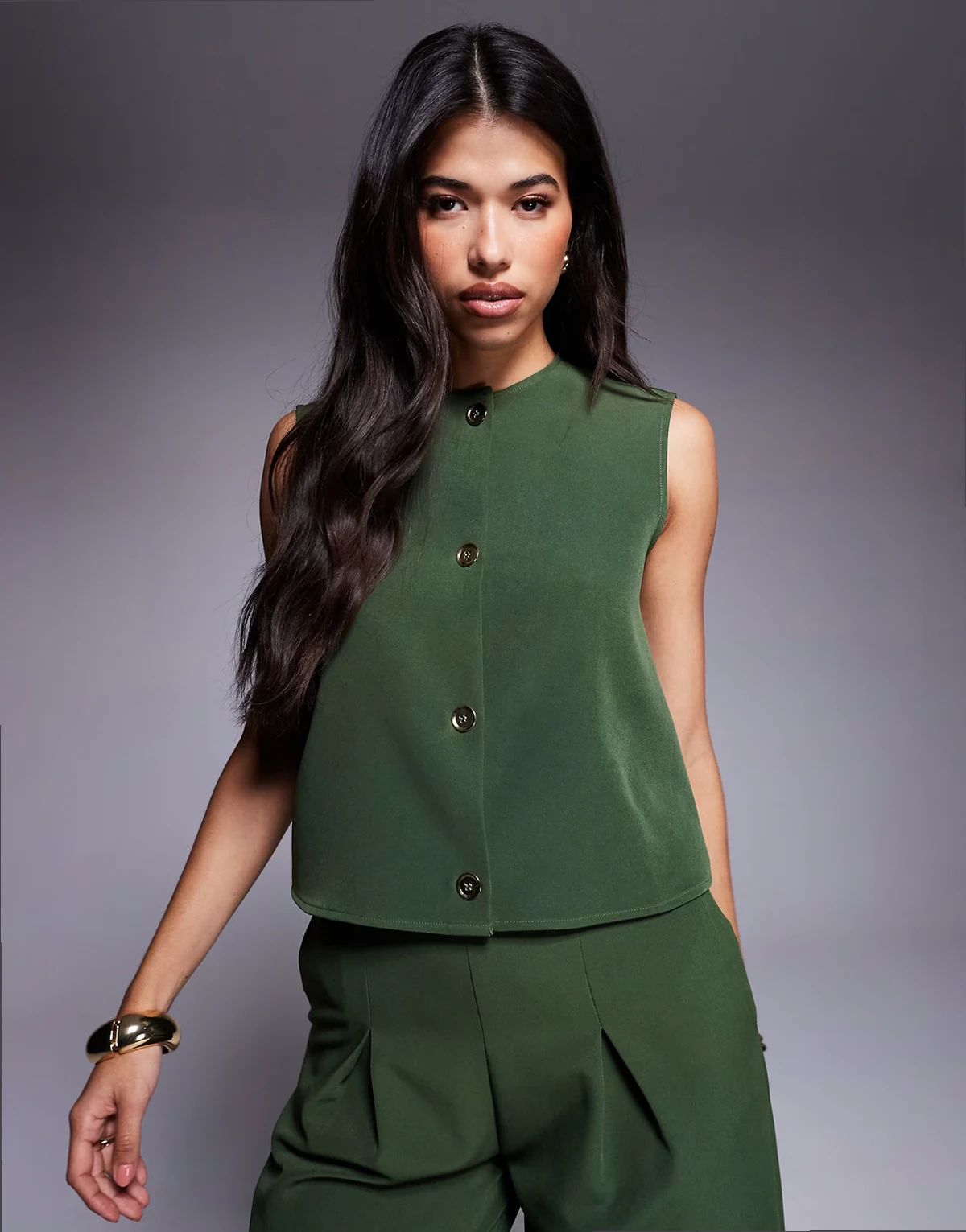 button front sleeveless top in khaki green - part of a set