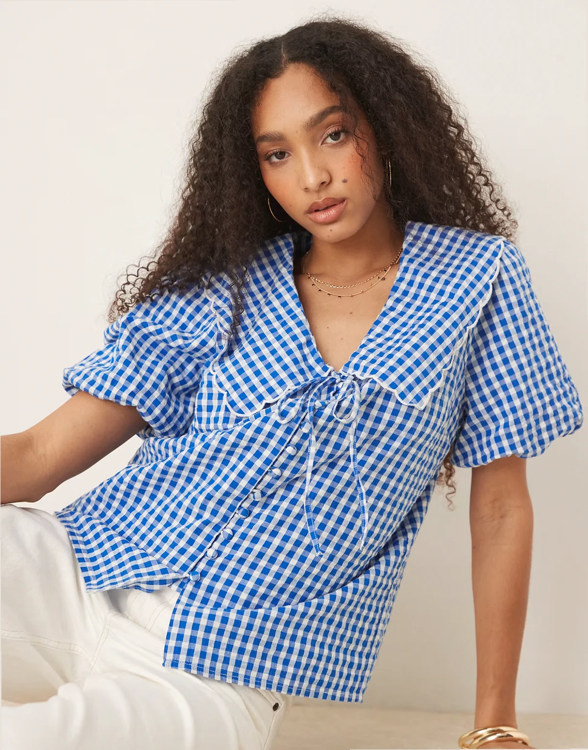 Birdie collared puff sleeve top in blue gingham
