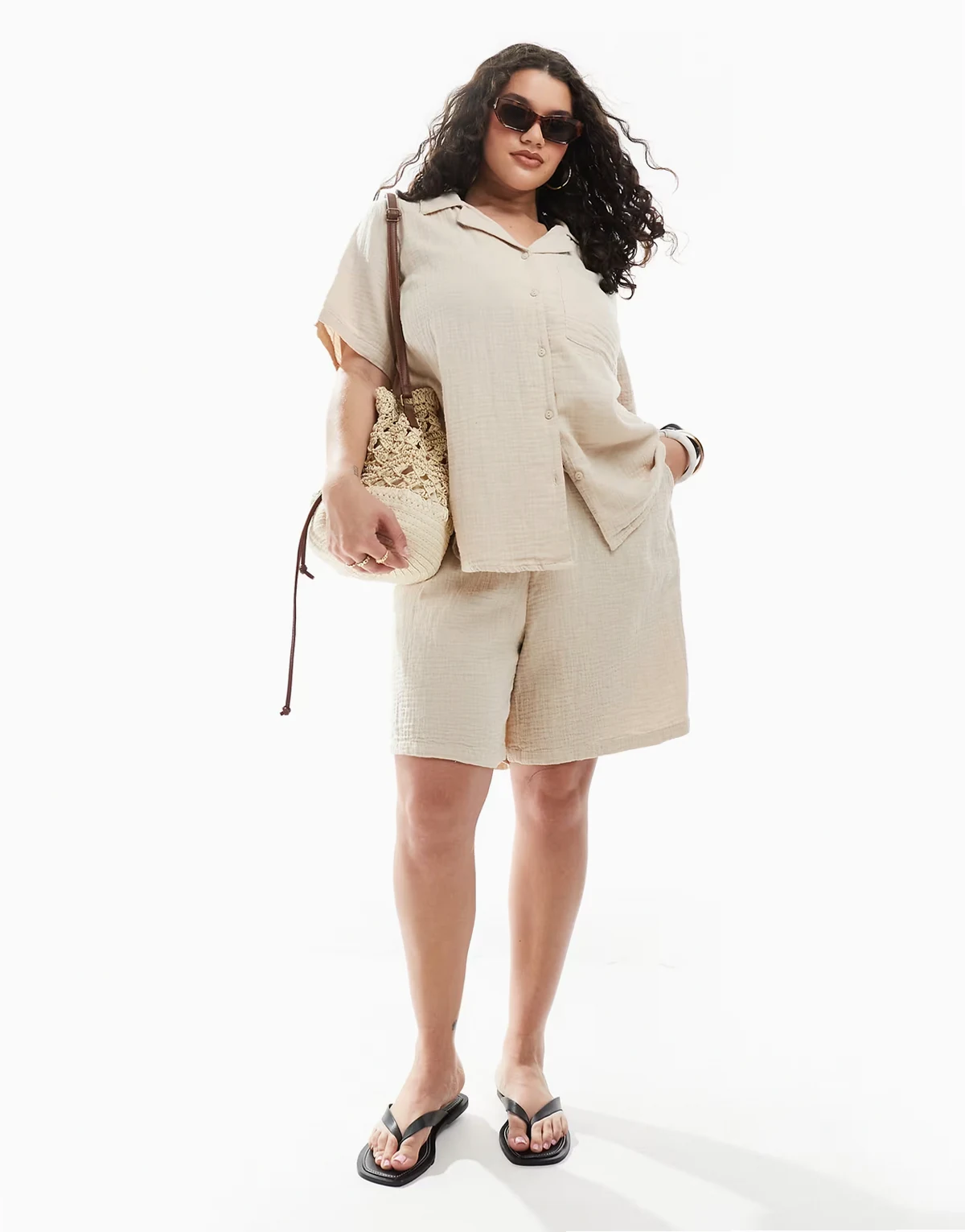 cheesecloth button down shirt co-ord in beige