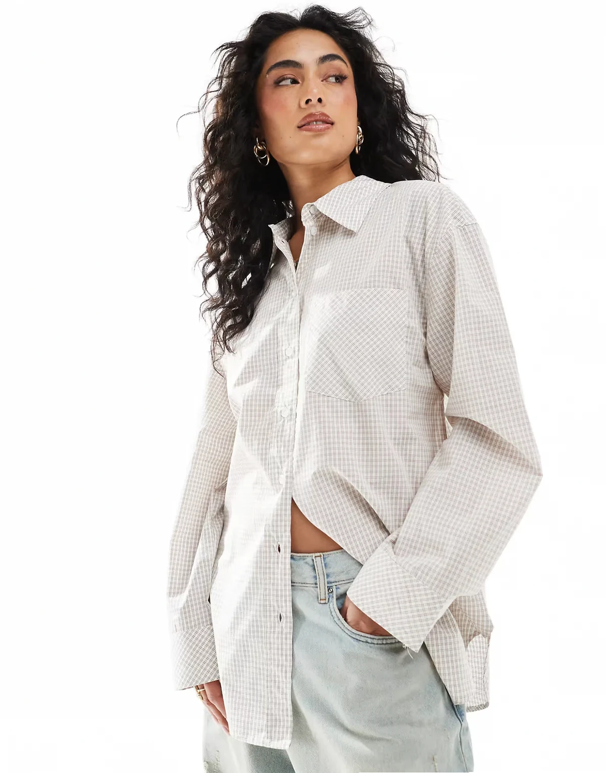 oversized cotton shirt in beige plaid