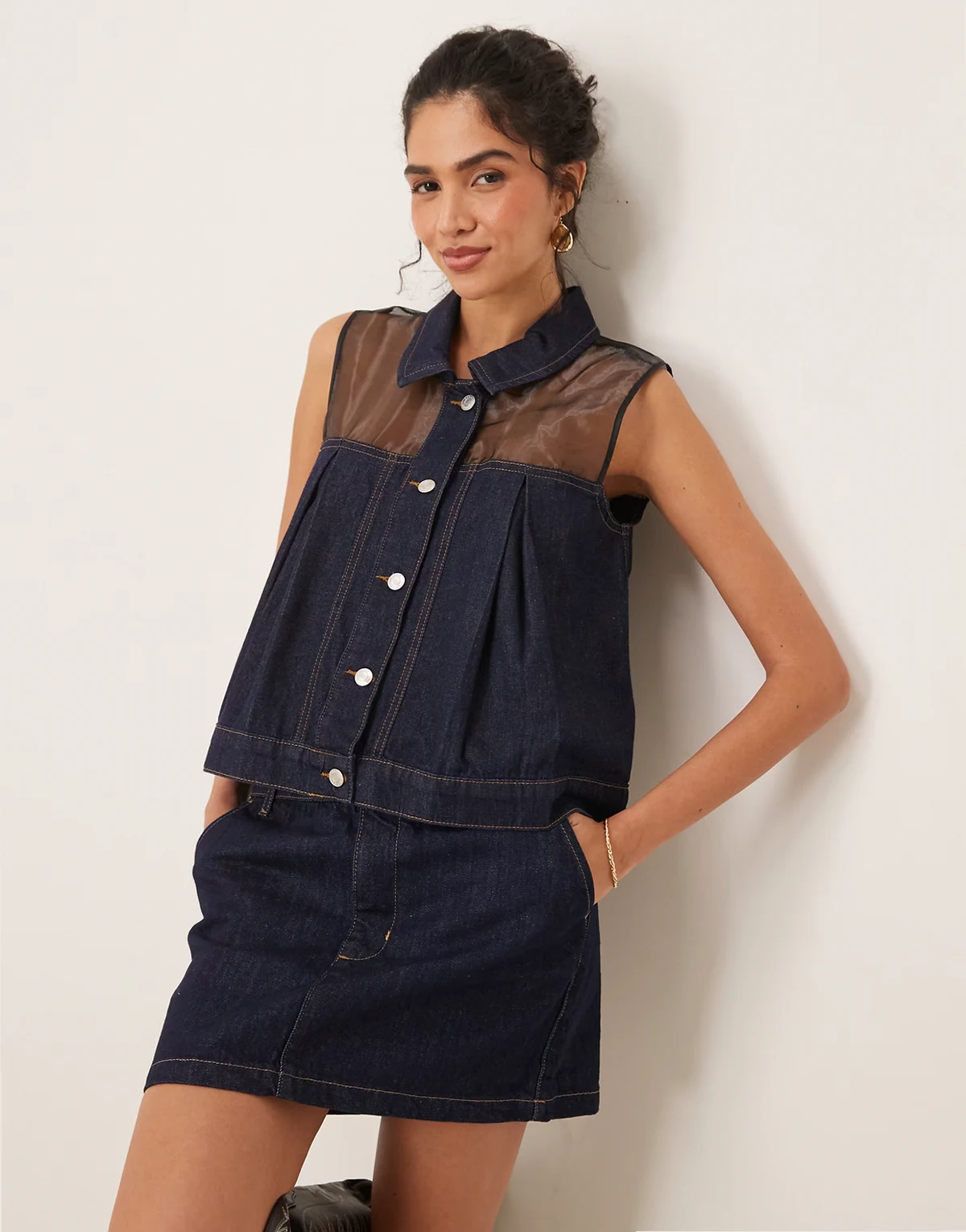 – Hybrid-Hemdbluse aus Chiffon und Jeansstoff in Dunkelblau