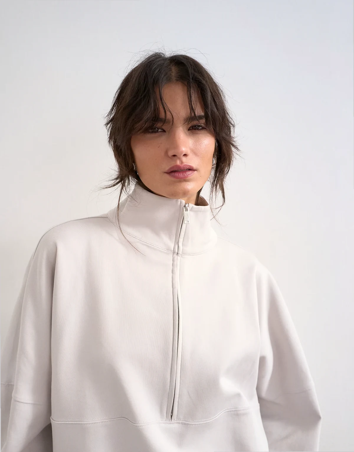 interlock long sleeve funnel neck half zip sweatshirt in stone - part of a set