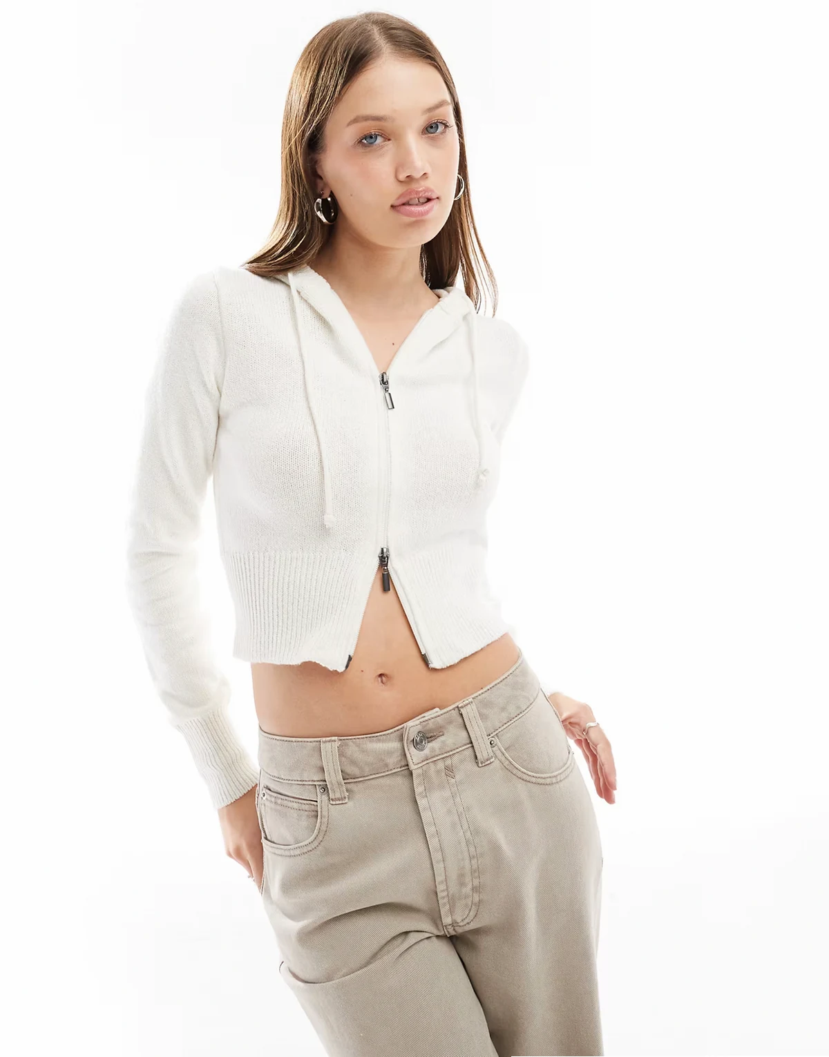 double zip hoodie in ecru
