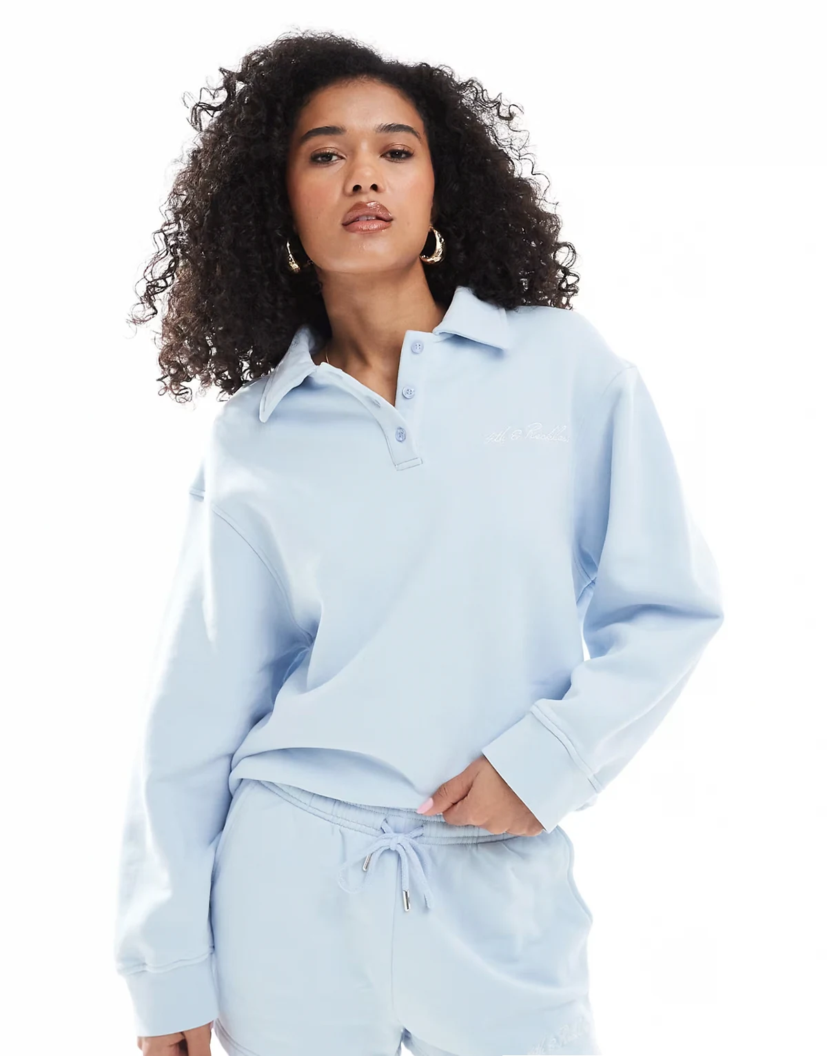 collar button detail embroidered logo sweatshirt in blue - part of a set